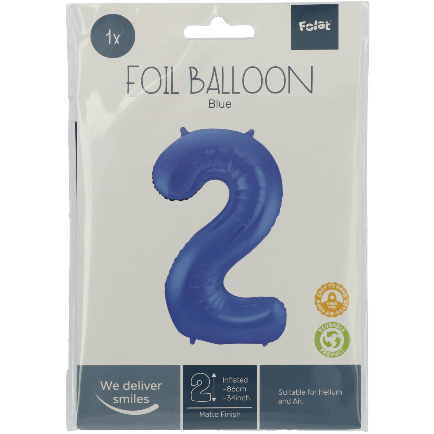 Foil Balloon Number 2 - Blue Metallic Mat - 86 cm 