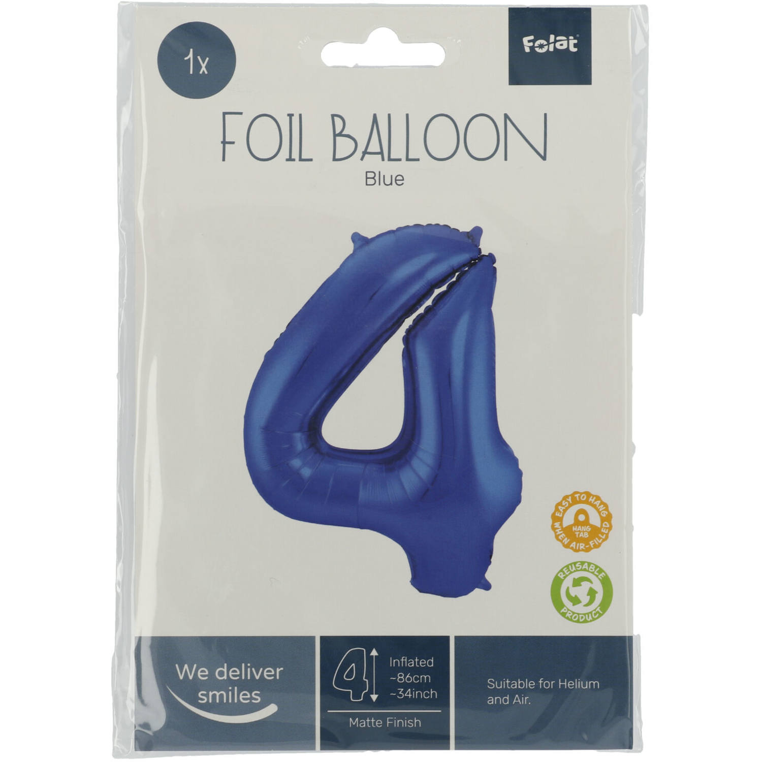 Foil Balloon Number 4 - Blue Metallic Mat - 86 cm 