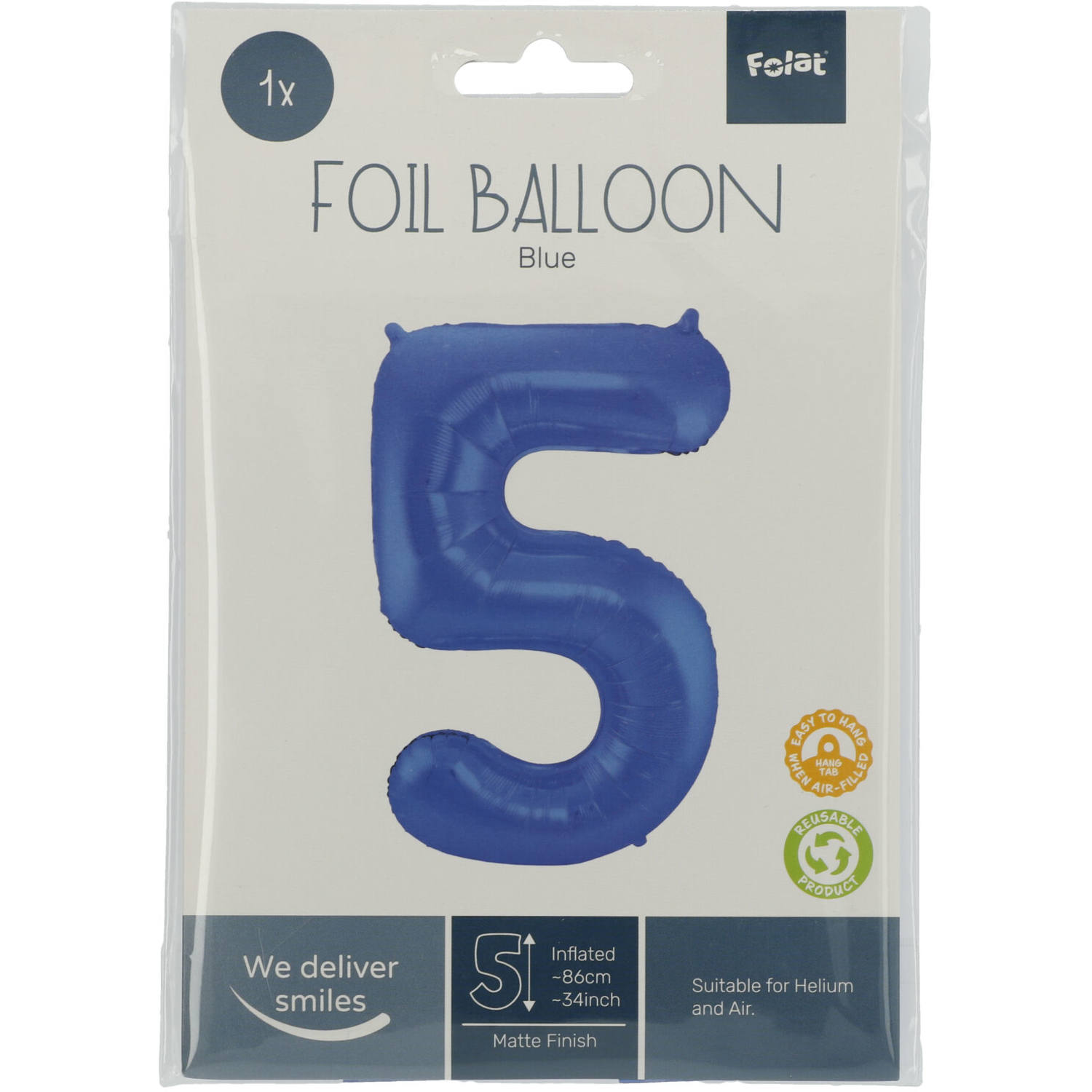 Foil Balloon Number 5 - Blue Metallic Mat - 86 cm 