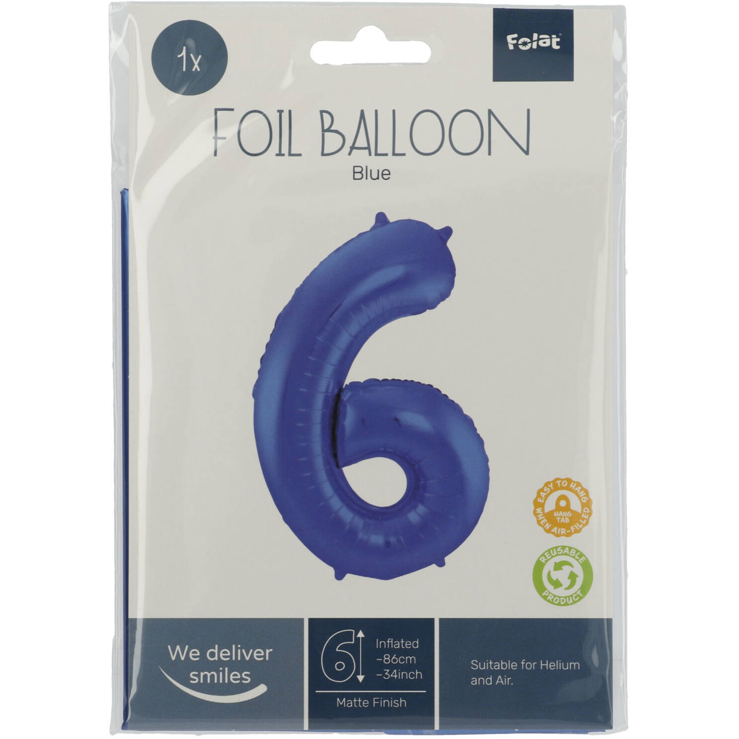 Foil Balloon Number 6 - Blue Metallic Mat - 86 cm 