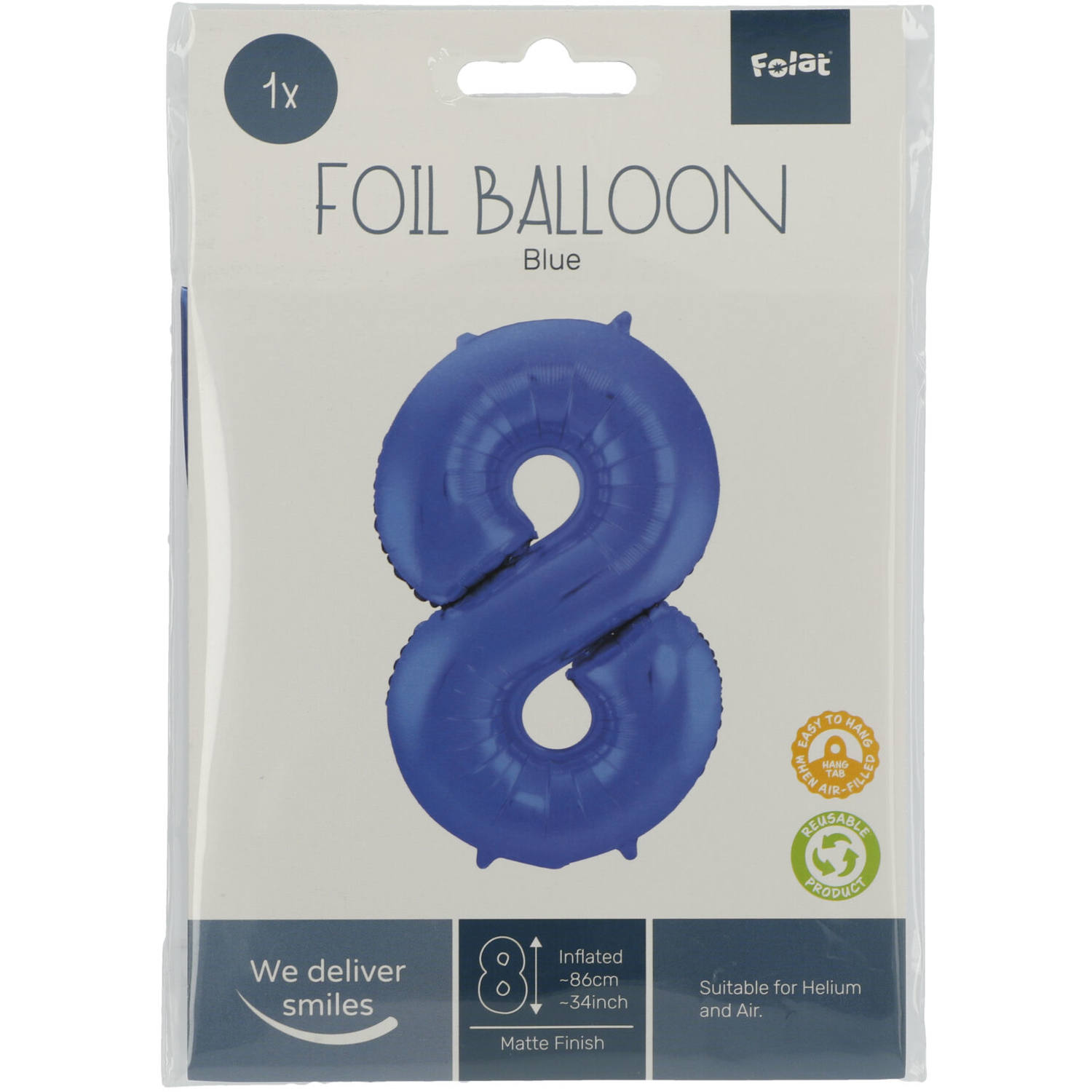Foil Balloon Number 8 - Blue Metallic Mat - 86 cm 