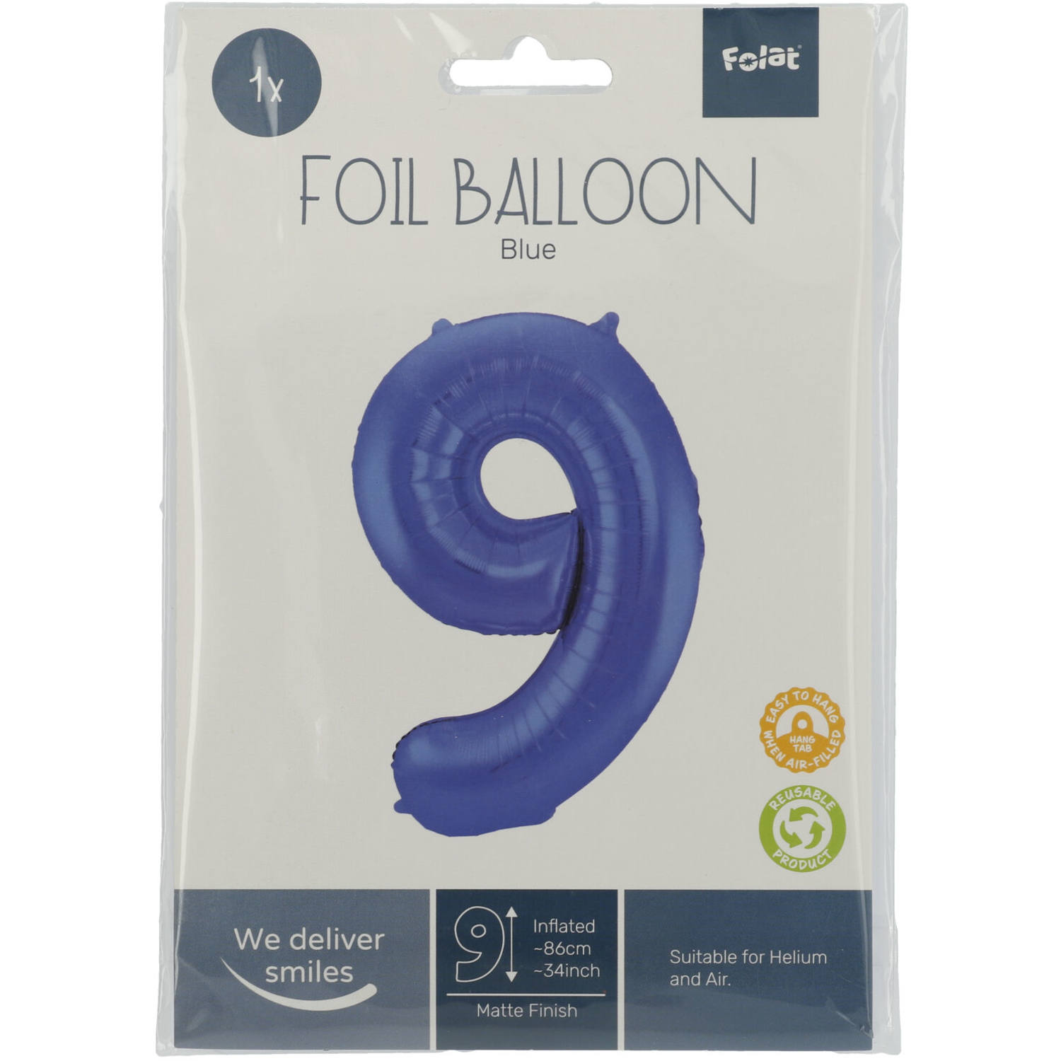 Foil Balloon Number 9 - Blue Metallic Mat - 86 cm 