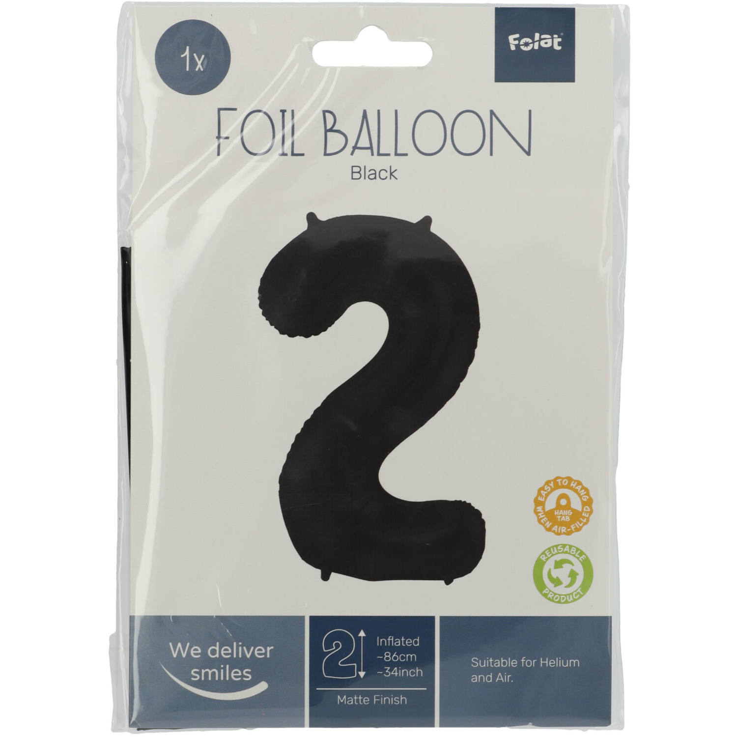 Foil Balloon Number 2 Black Metallic Matt - 86 cm