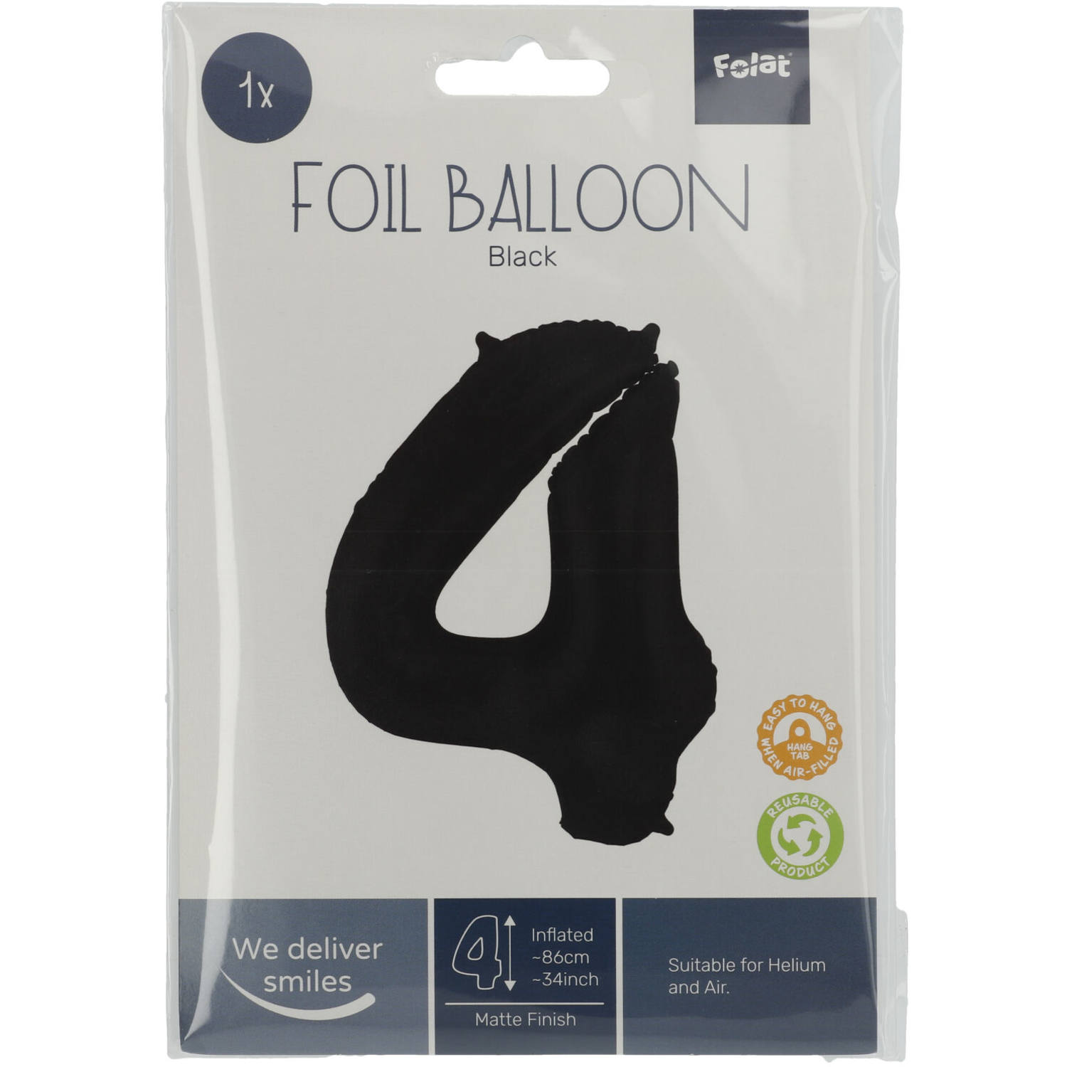 Foil Balloon Number 4 Black Metallic Matt - 86 cm