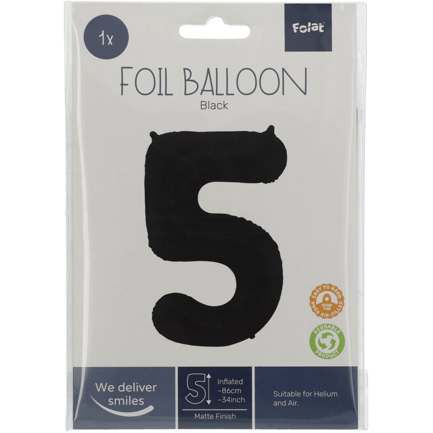 Foil Balloon Number 5 Black Metallic Matt - 86 cm
