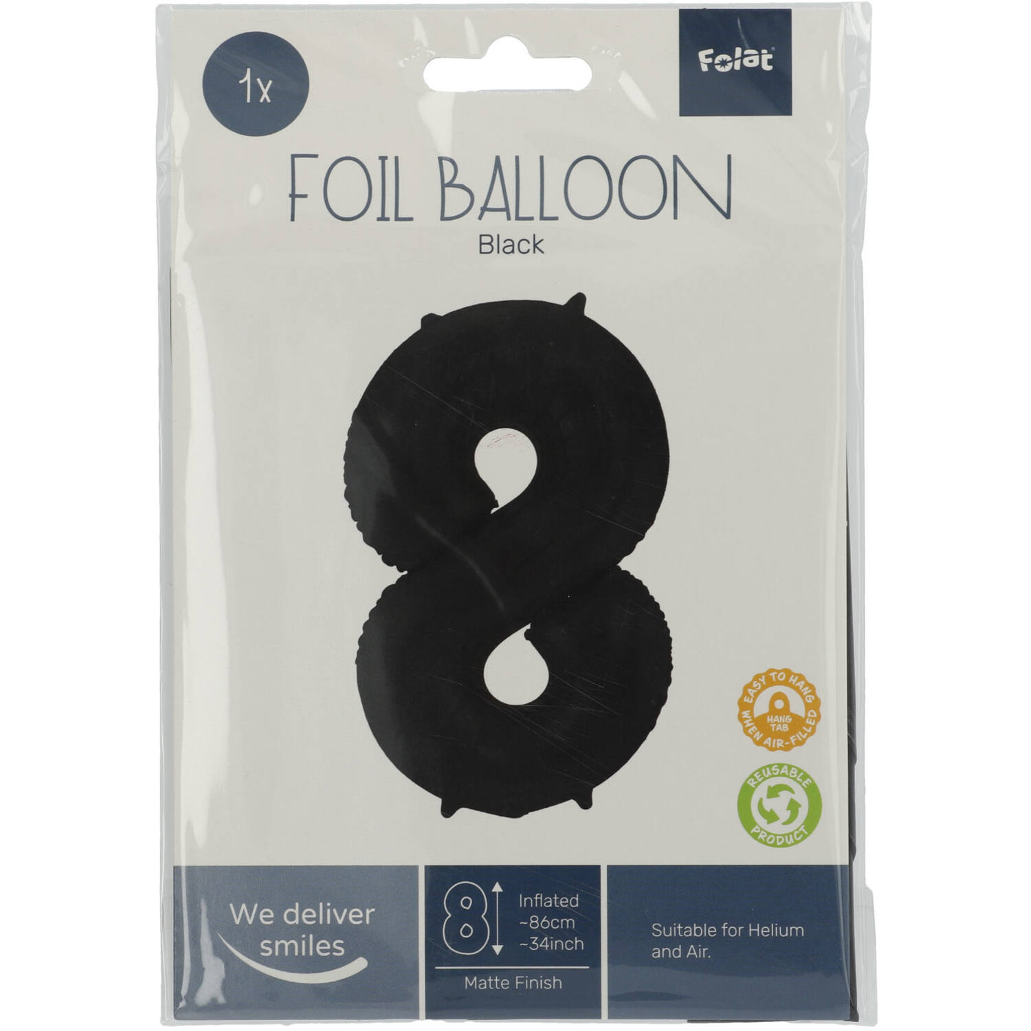Foil Balloon Number 8 Black Metallic Matt - 86 cm