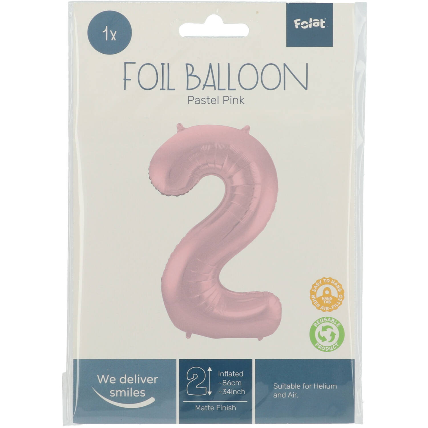 Foil Balloon Number 2 Pastel Pink Metallic Matt - 86 cm