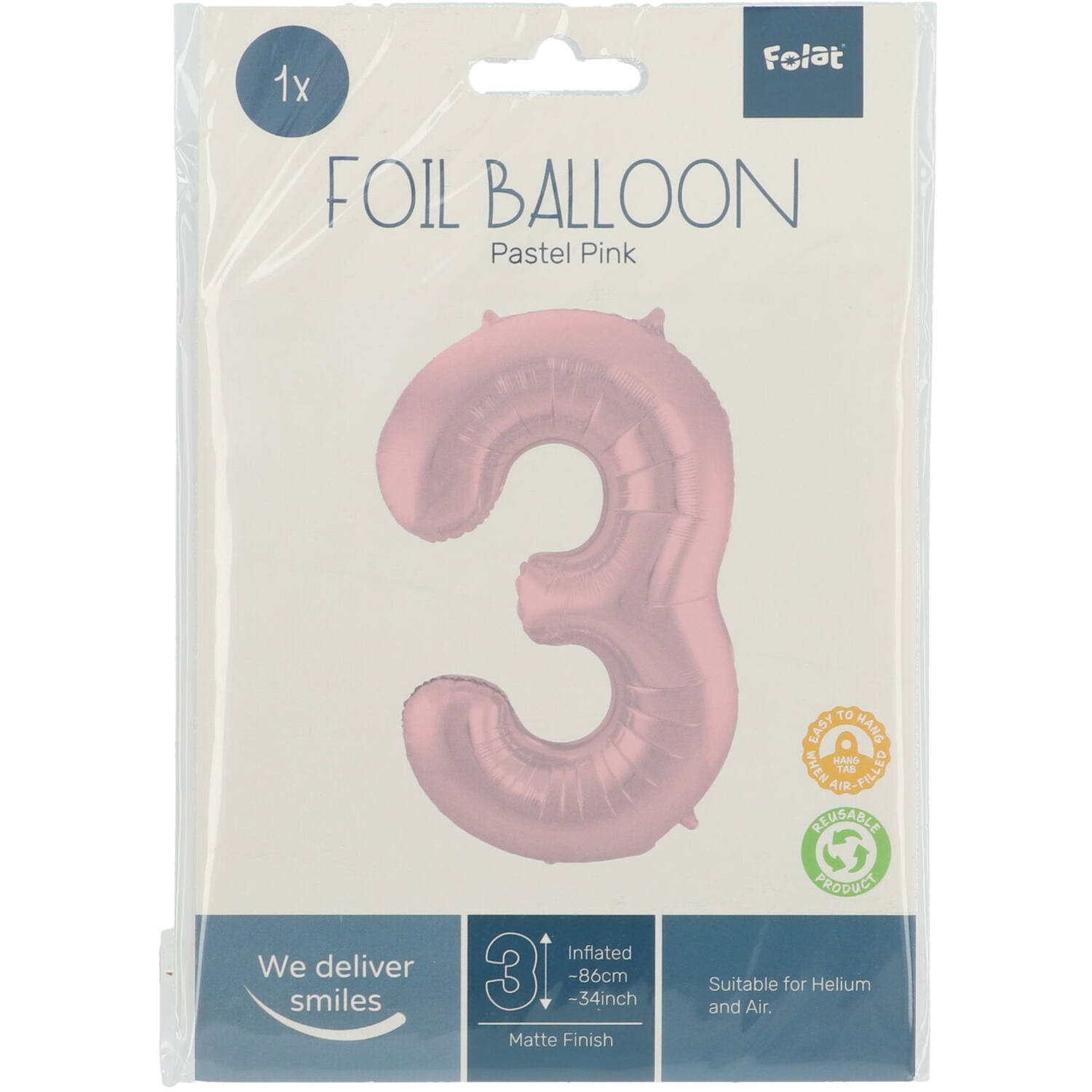 Foil Balloon Number 3 Pastel Pink Metallic Matt - 86 cm