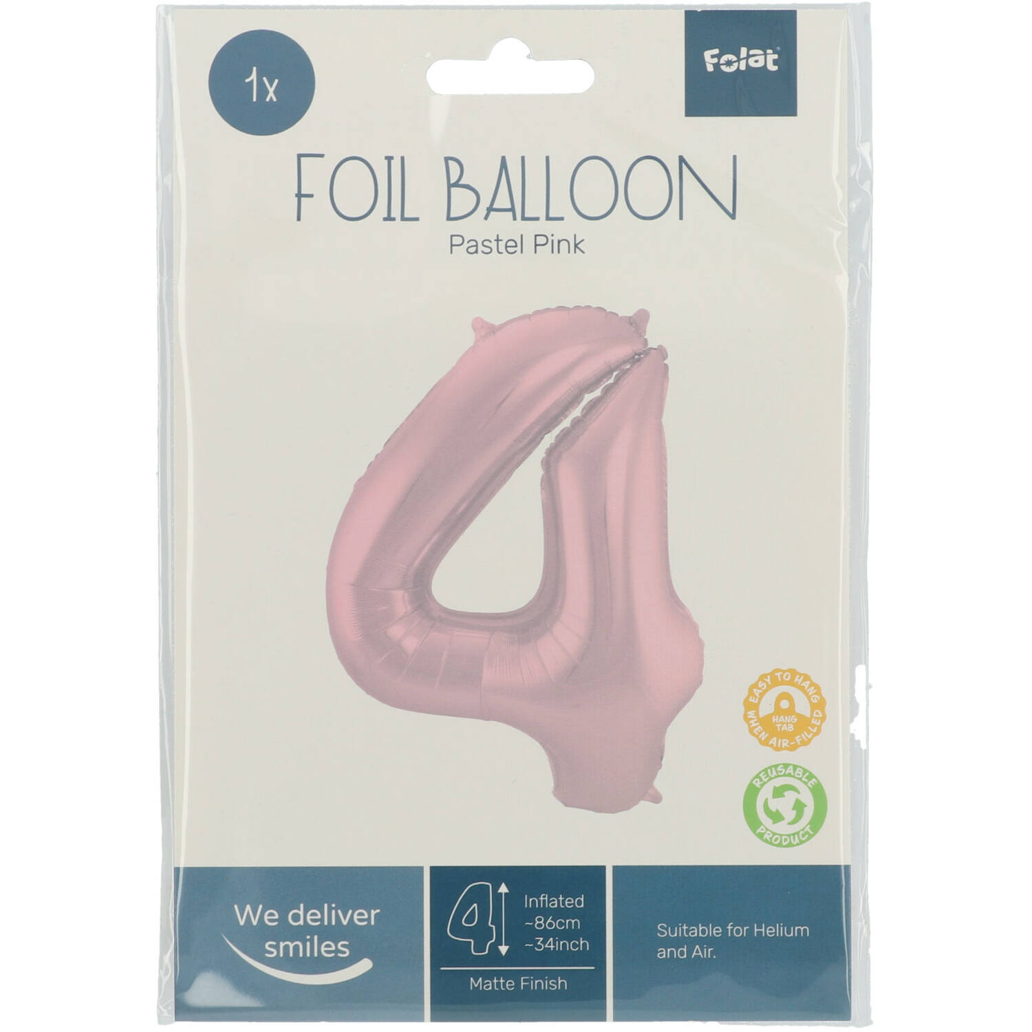 Foil Balloon Number 4 Pastel Pink Metallic Matt - 86 cm