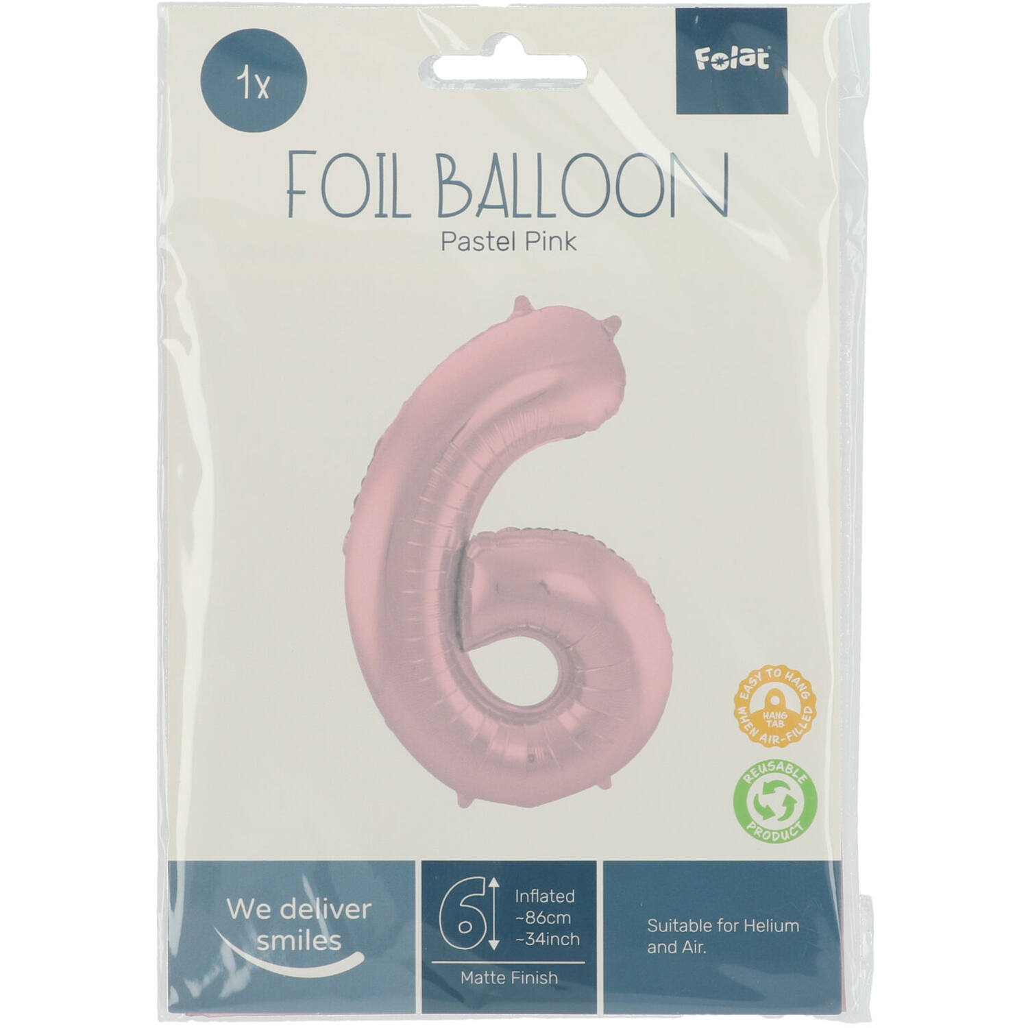 Foil Balloon Number 6 Pastel Pink Metallic Matt - 86 cm
