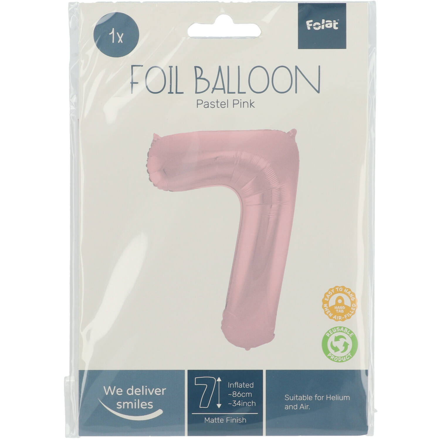 Foil Balloon Number 7 Pastel Pink Metallic Matt - 86 cm