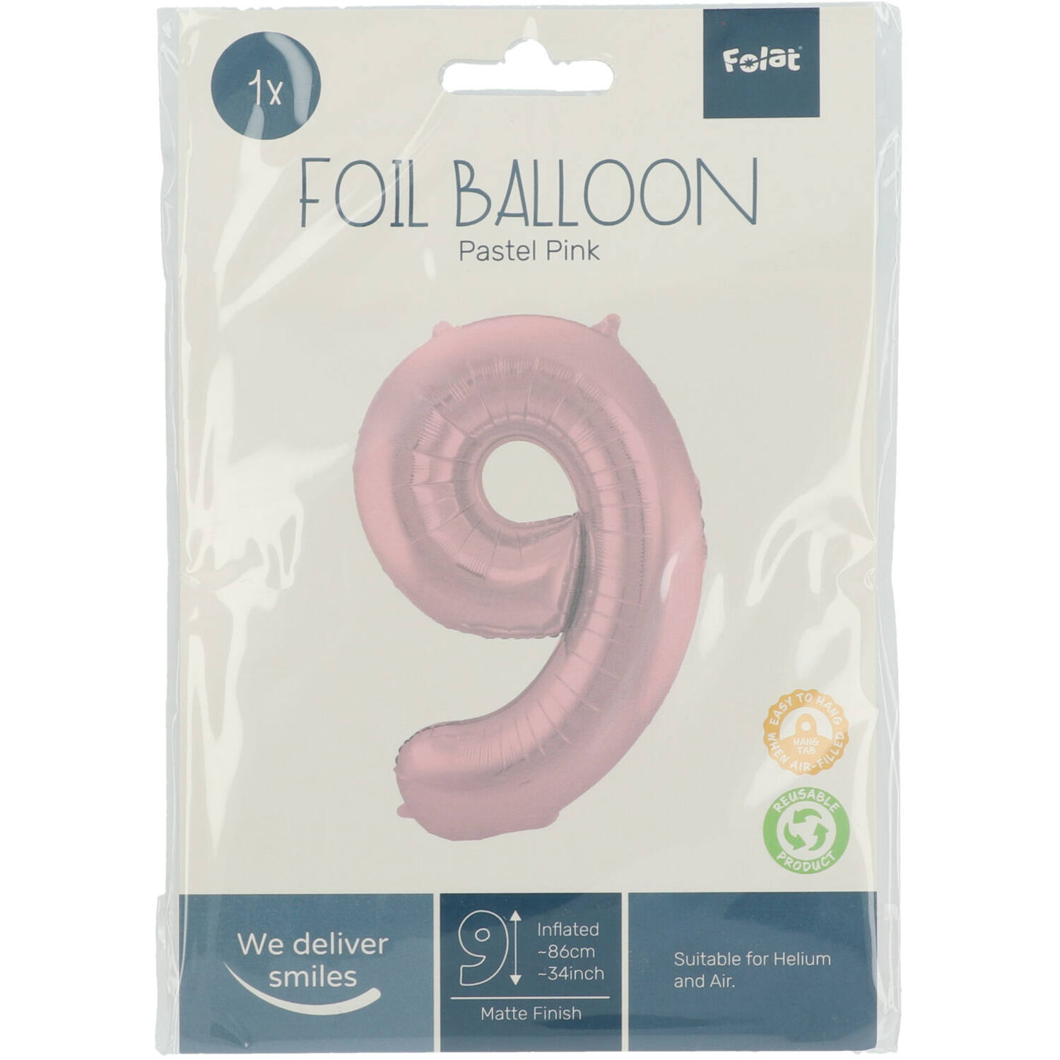 Foil Balloon Number 9 Pastel Pink Metallic Matt - 86 cm