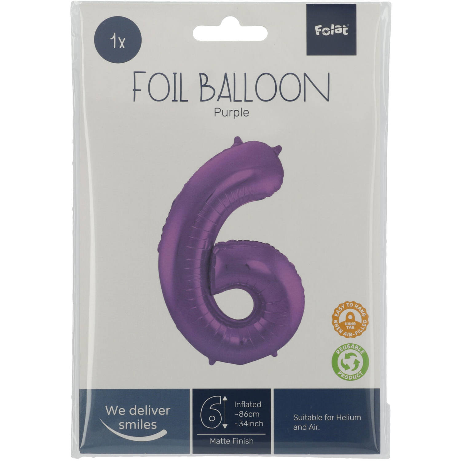 Foil Balloon Number 6 Purple Metallic Matt - 86 cm