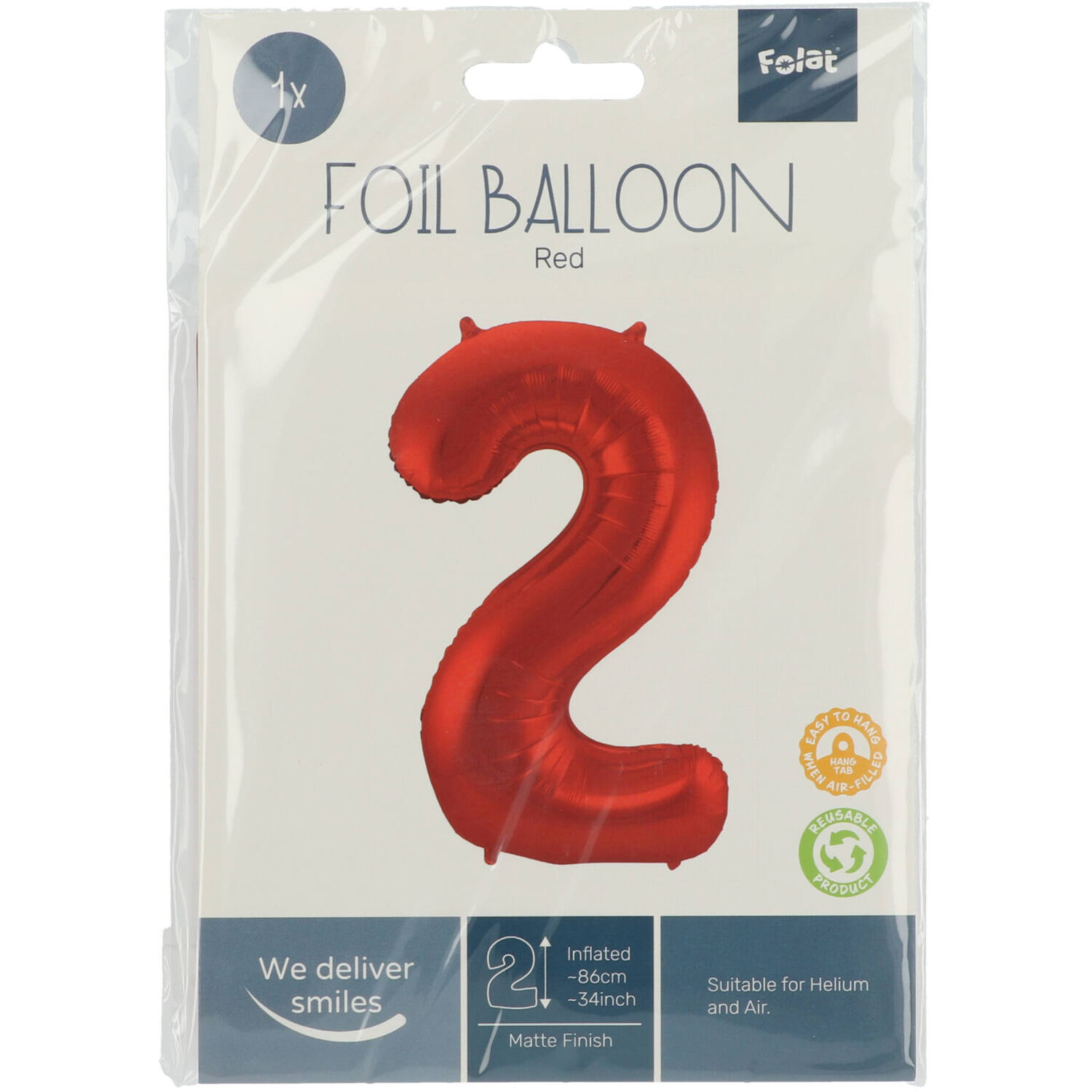 Foil Balloon Number 2 Red Metallic Matt - 86 cm