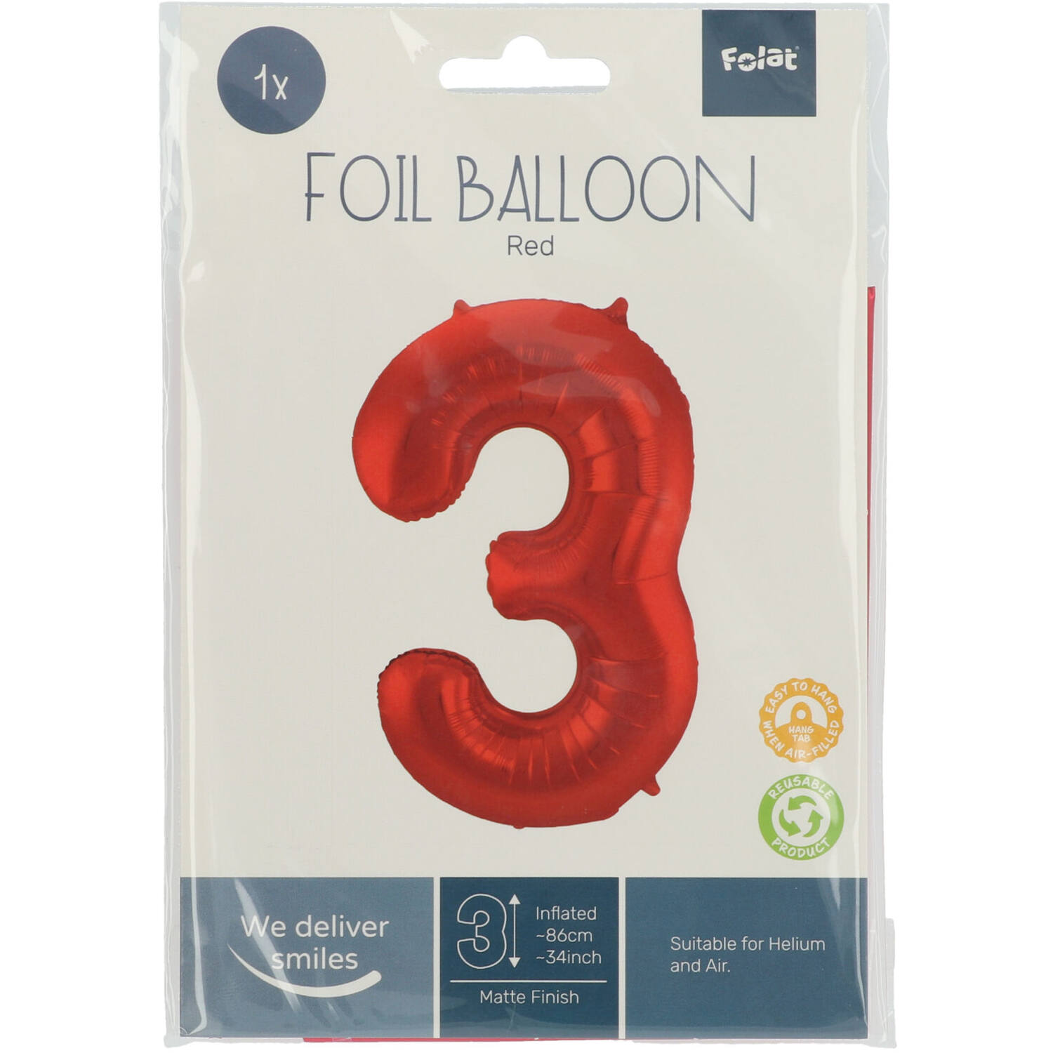 Foil Balloon Number 3 Red Metallic Matt - 86 cm
