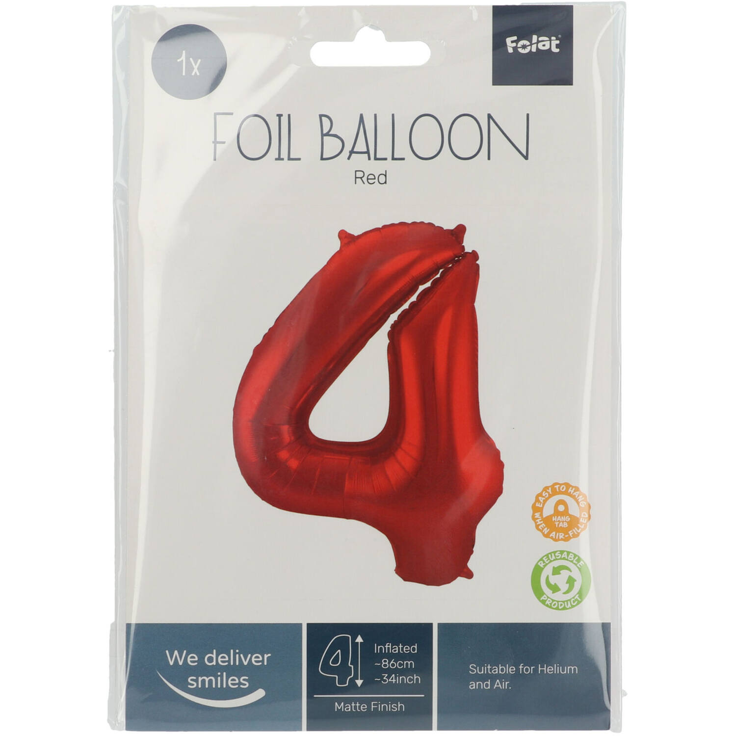 Foil Balloon Number 4 Red Metallic Matt - 86 cm