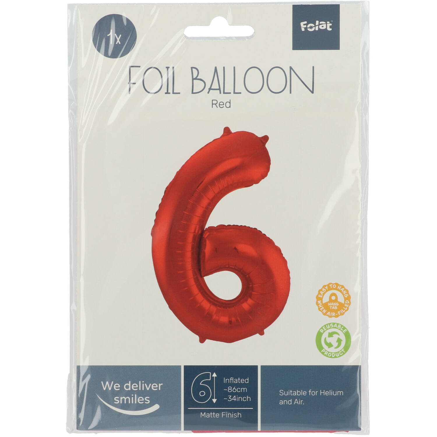 Foil Balloon Number 6 Red Metallic Matt - 86 cm