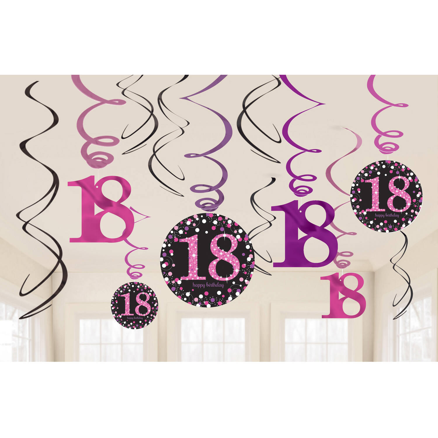 12 Swirl Decorations 18 Sparkling Celebration - Pink Foil / Paper 61 cm