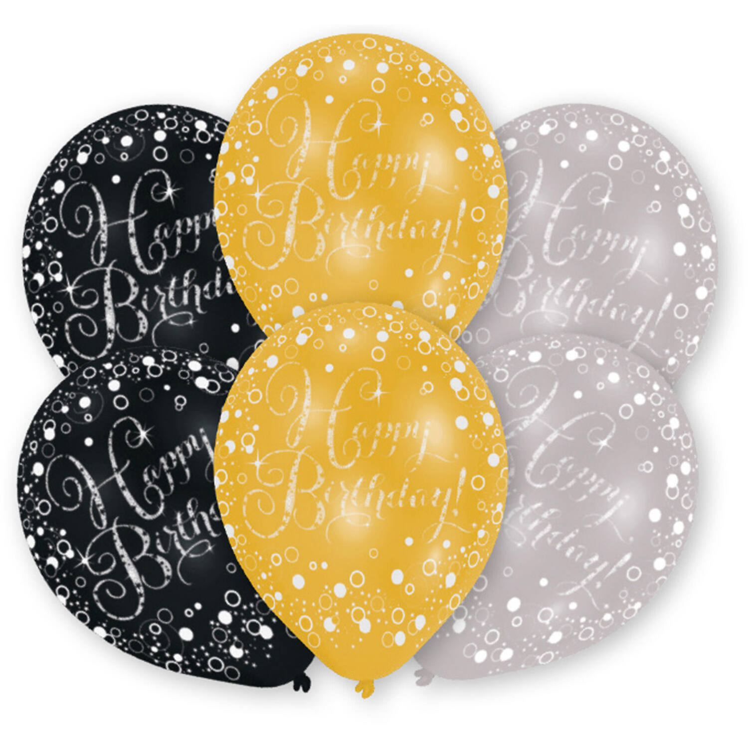 6 Latex Balloons Gold, Silver, Black 27.5 cm / 11"