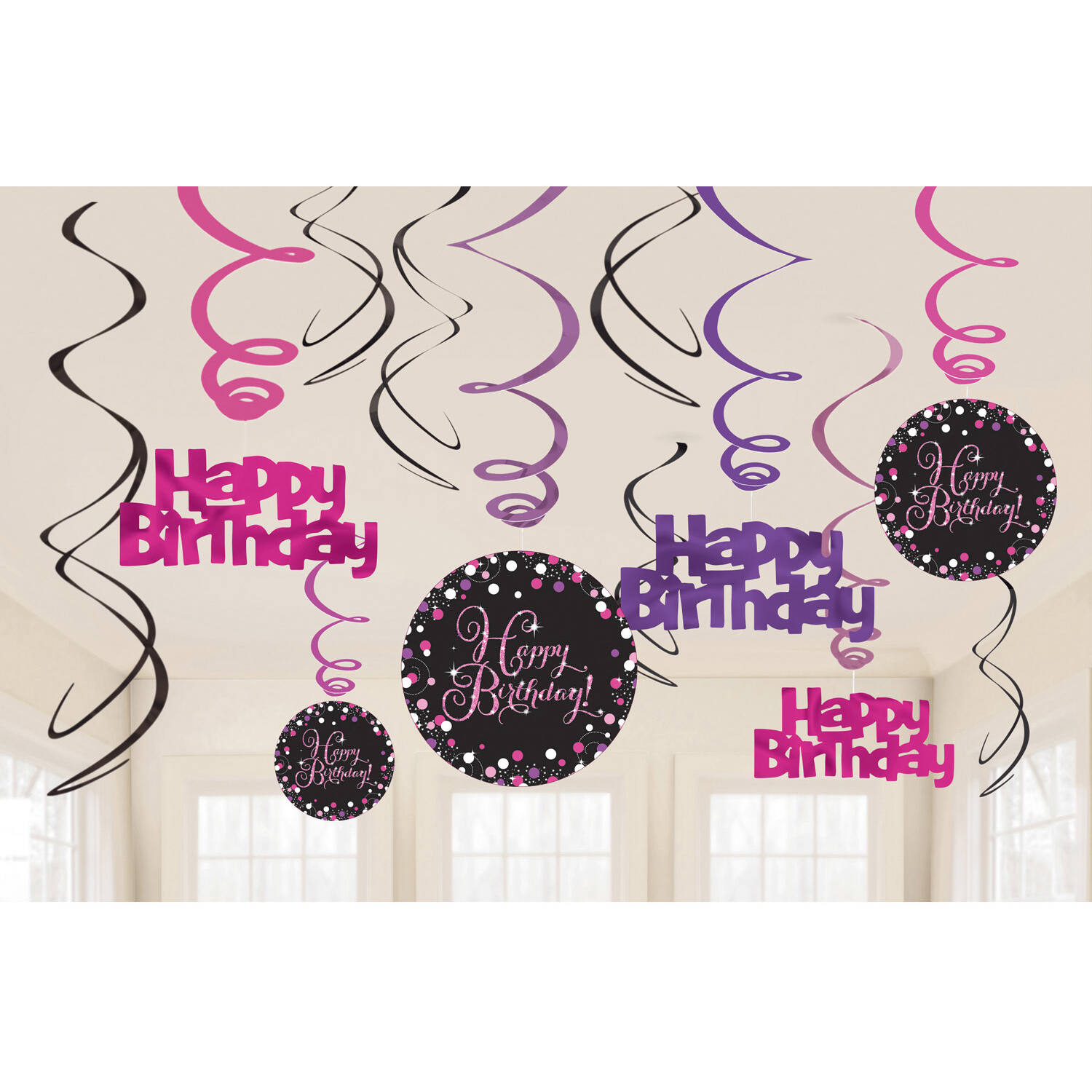 12 Swirl Decorations Sparkling Celebration - Pink Foil / Paper 61 cm