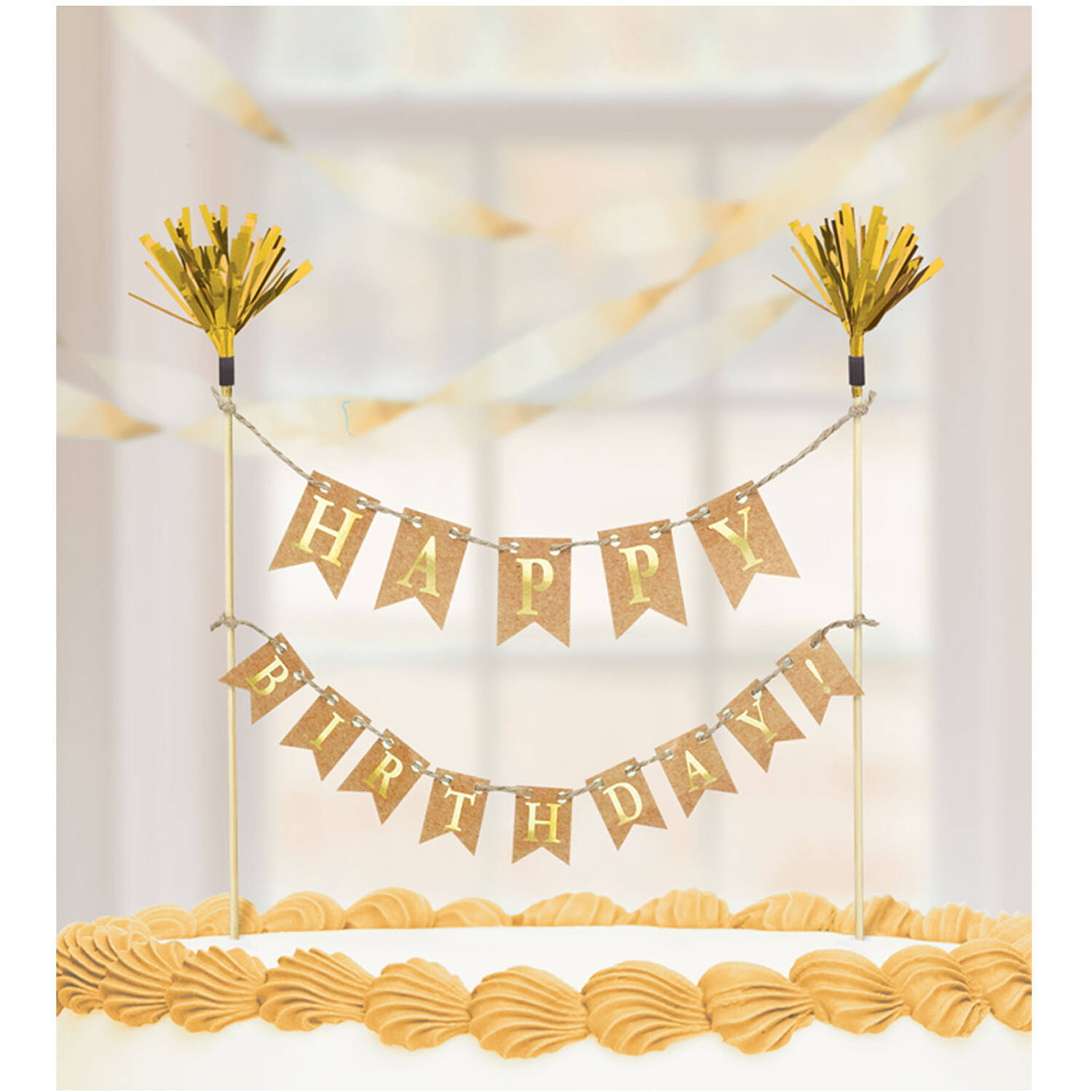 Cake Decoration Pennant Banner Paper / Wood Gold 15 x 20 cm