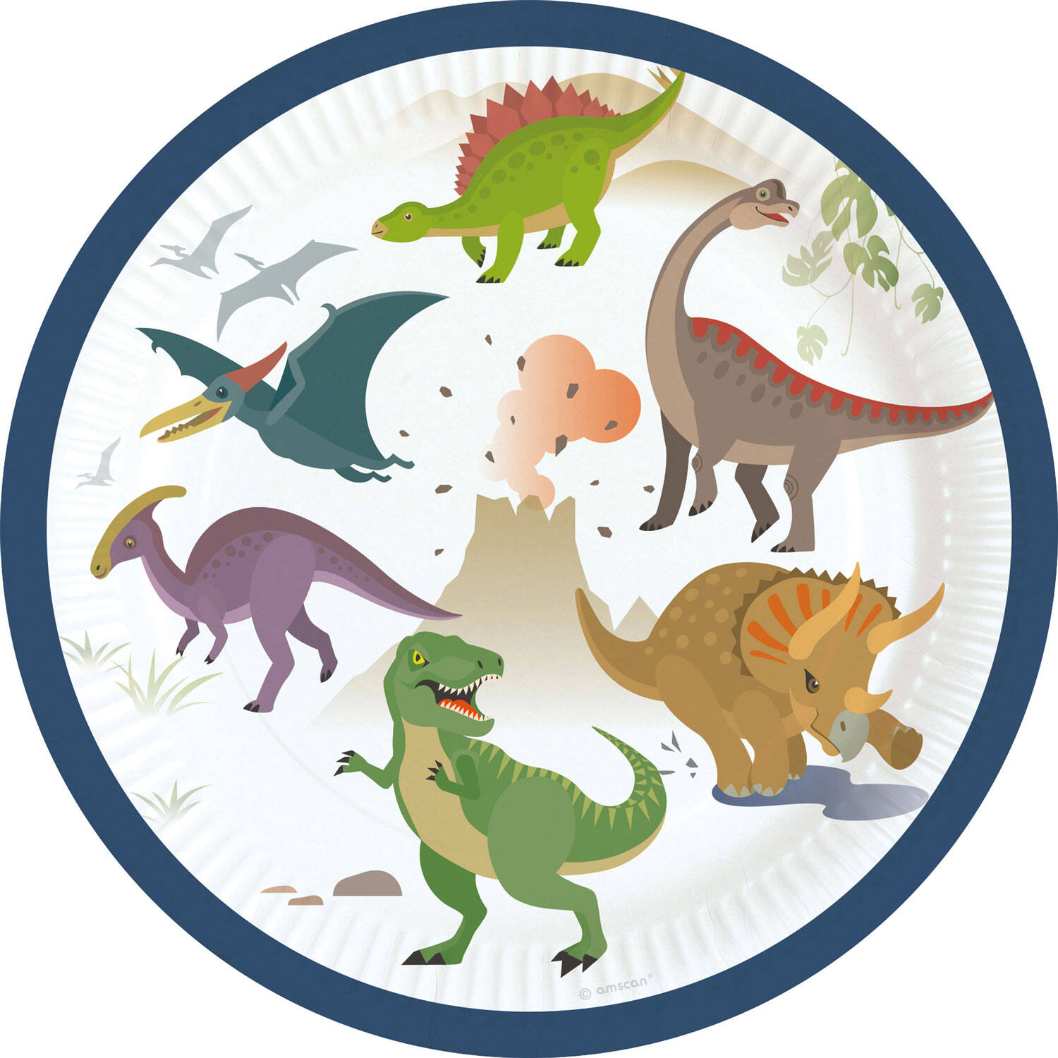 8 Plates Happy Dinosaur Round Paper 18 cm