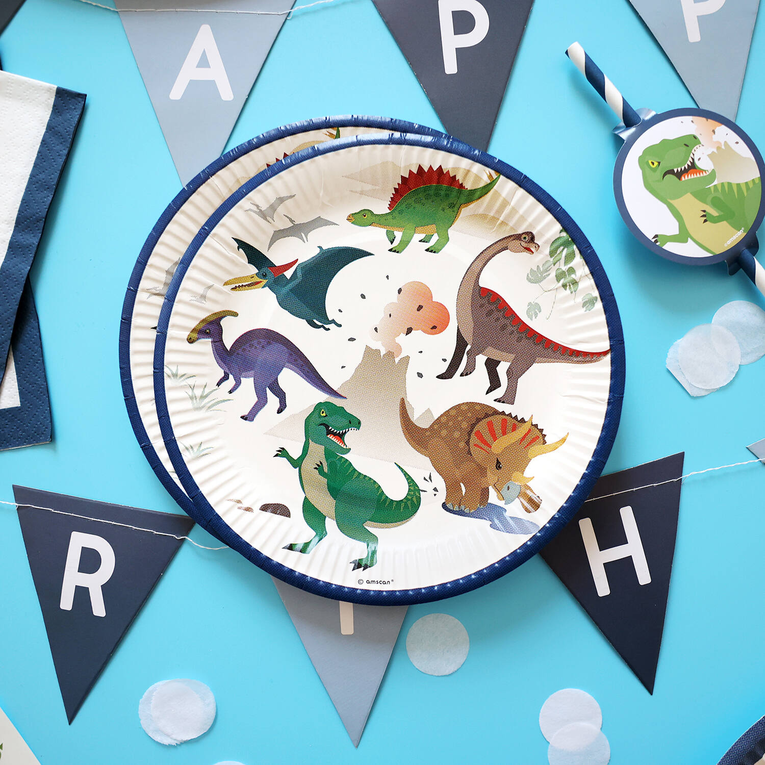 8 Plates Happy Dinosaur Round Paper 18 cm