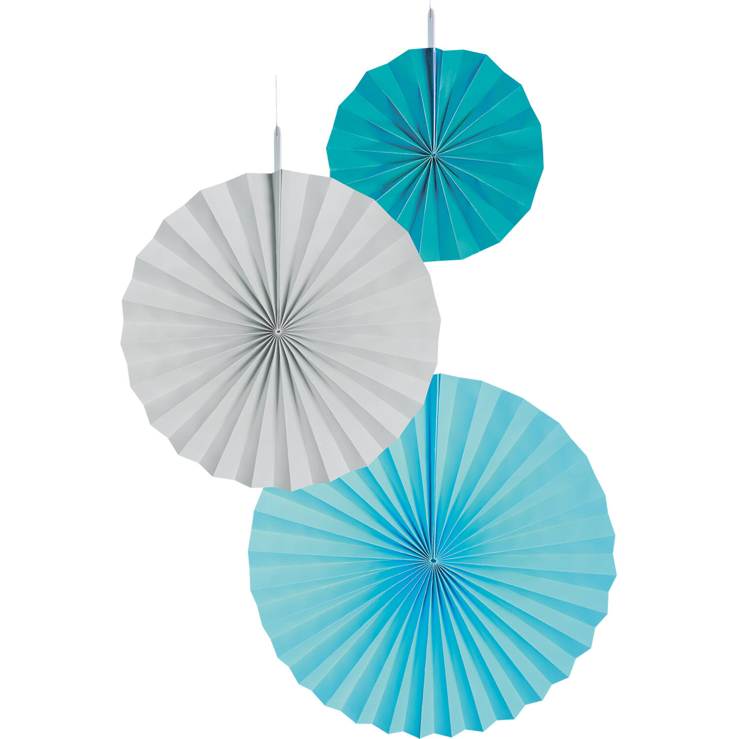 3 Fan Decorations Aqua Glamor Paper 18 cm / 30 cm / 38 cm