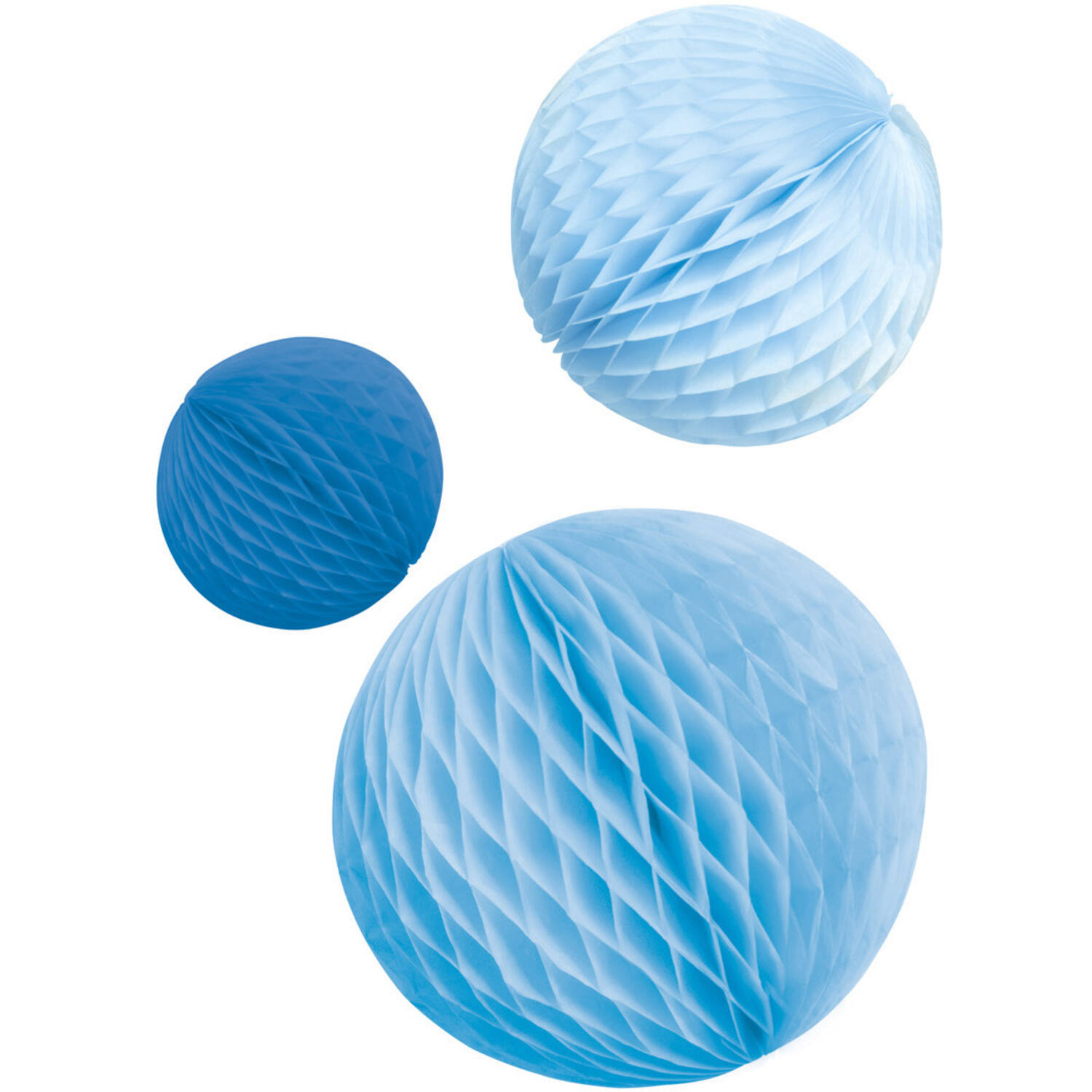 3 Honeycomb Decorations Sky Blue Paper 14 cm / 18 cm / 22 cm