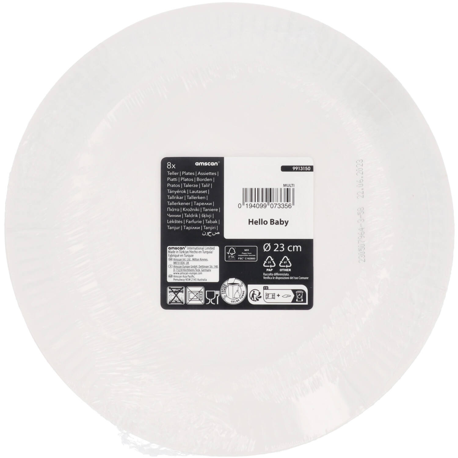 8 Plates Hello Baby Round Paper 23 cm