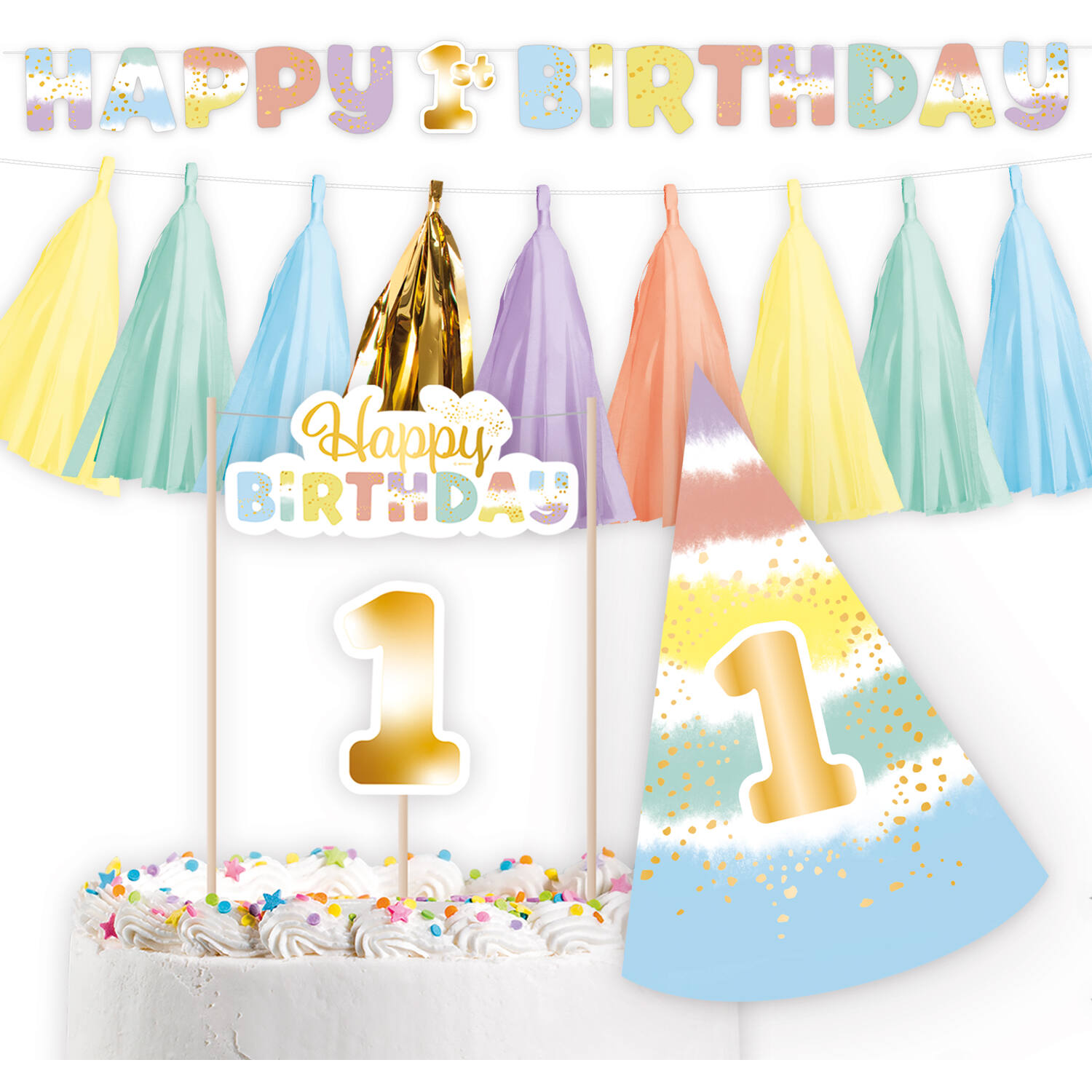 Deko-Set 1st Birthday Rainbow Paper / 4 Parts