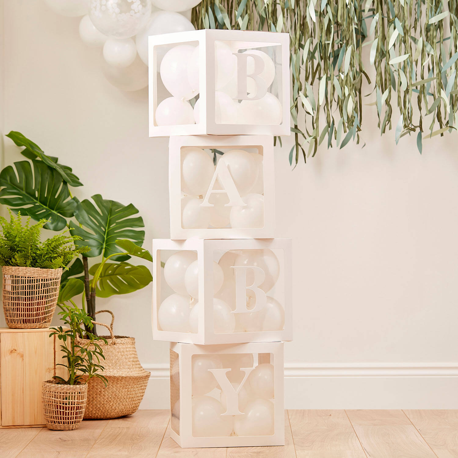 Pop up baby blocks to fill with white balloons