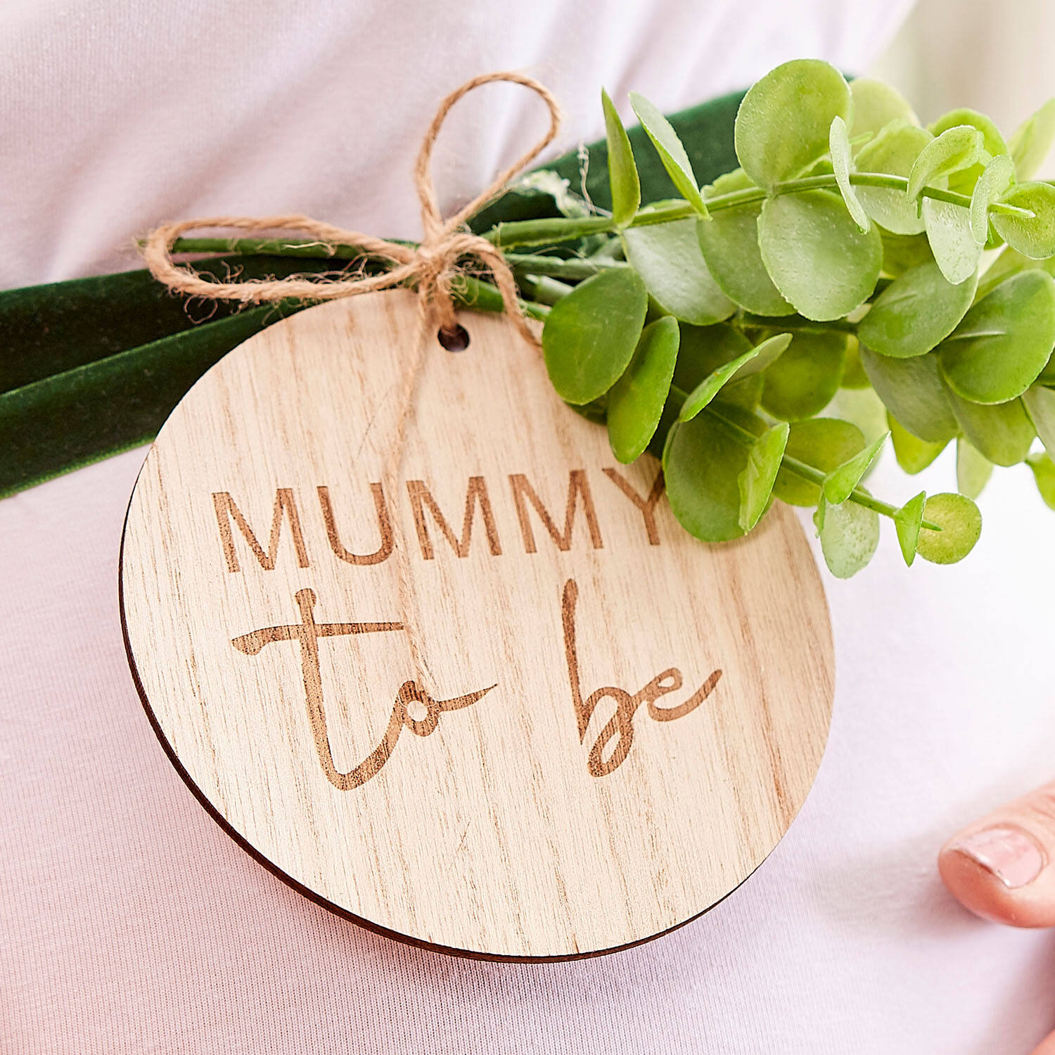 mummy to be belly sash with foliage and wooden tag