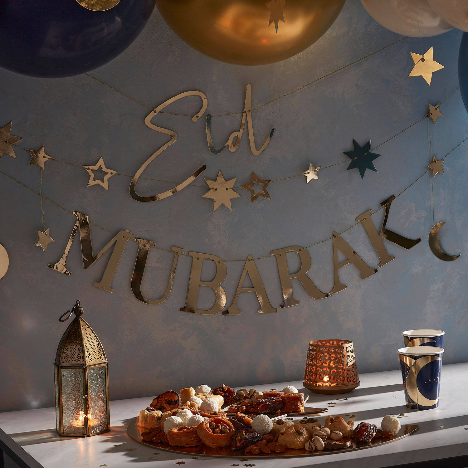 Bunting - Eid Mubarak with Moons and Stars - Gold