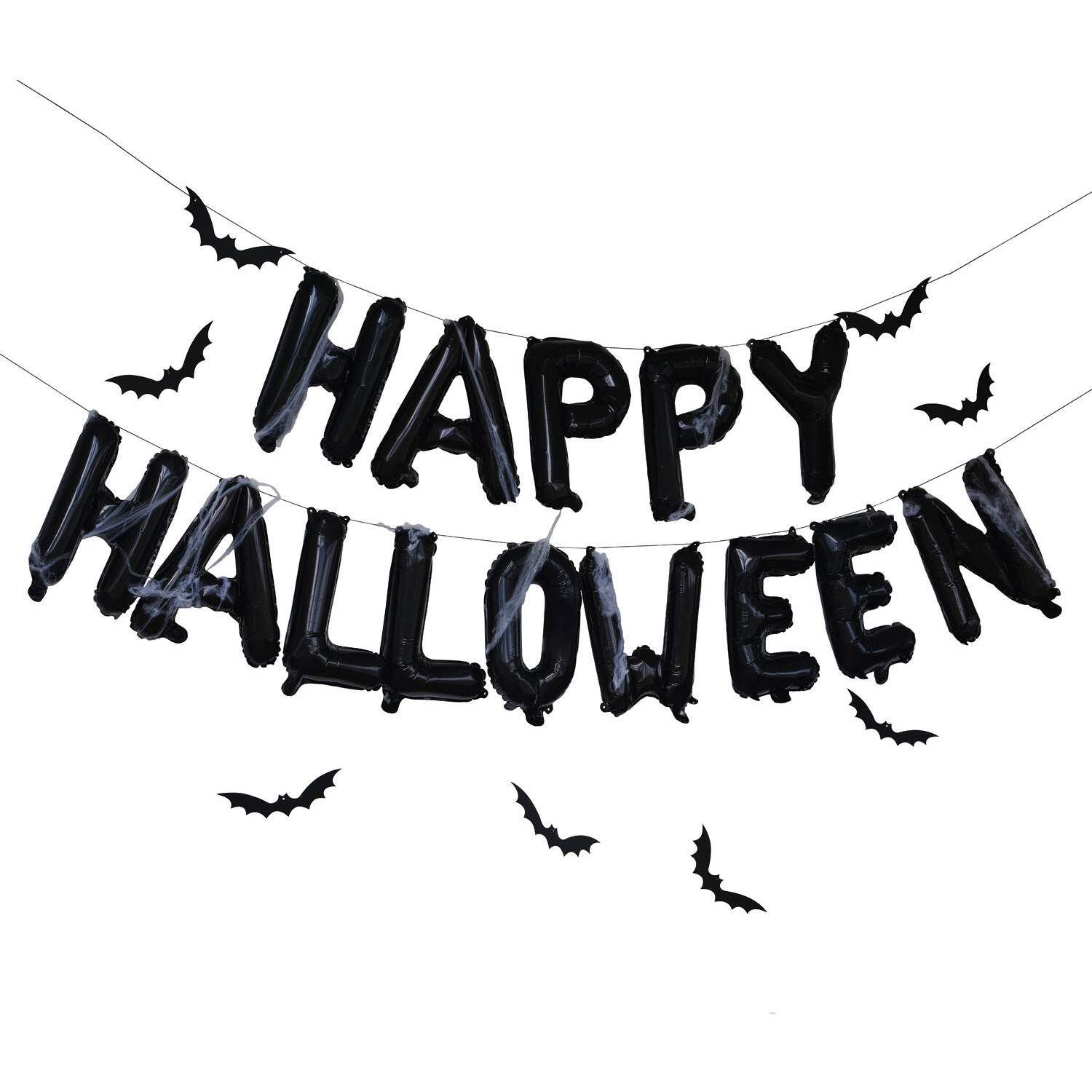 Balloon Bunting - Happy Halloween Black with Webs and Hanging Bats