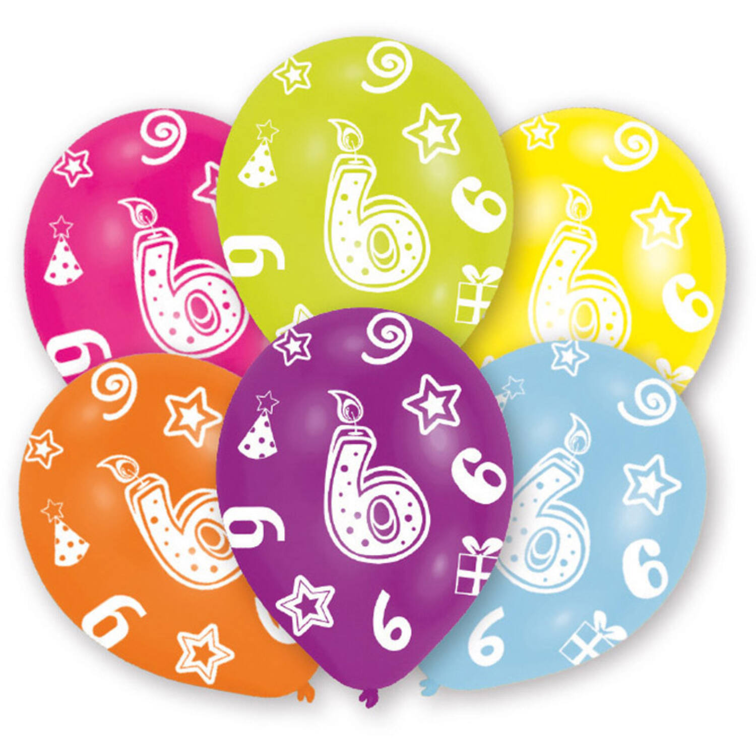 6 Latex Balloons All Round Printed Age 6 assorted 27.5 cm / 11"