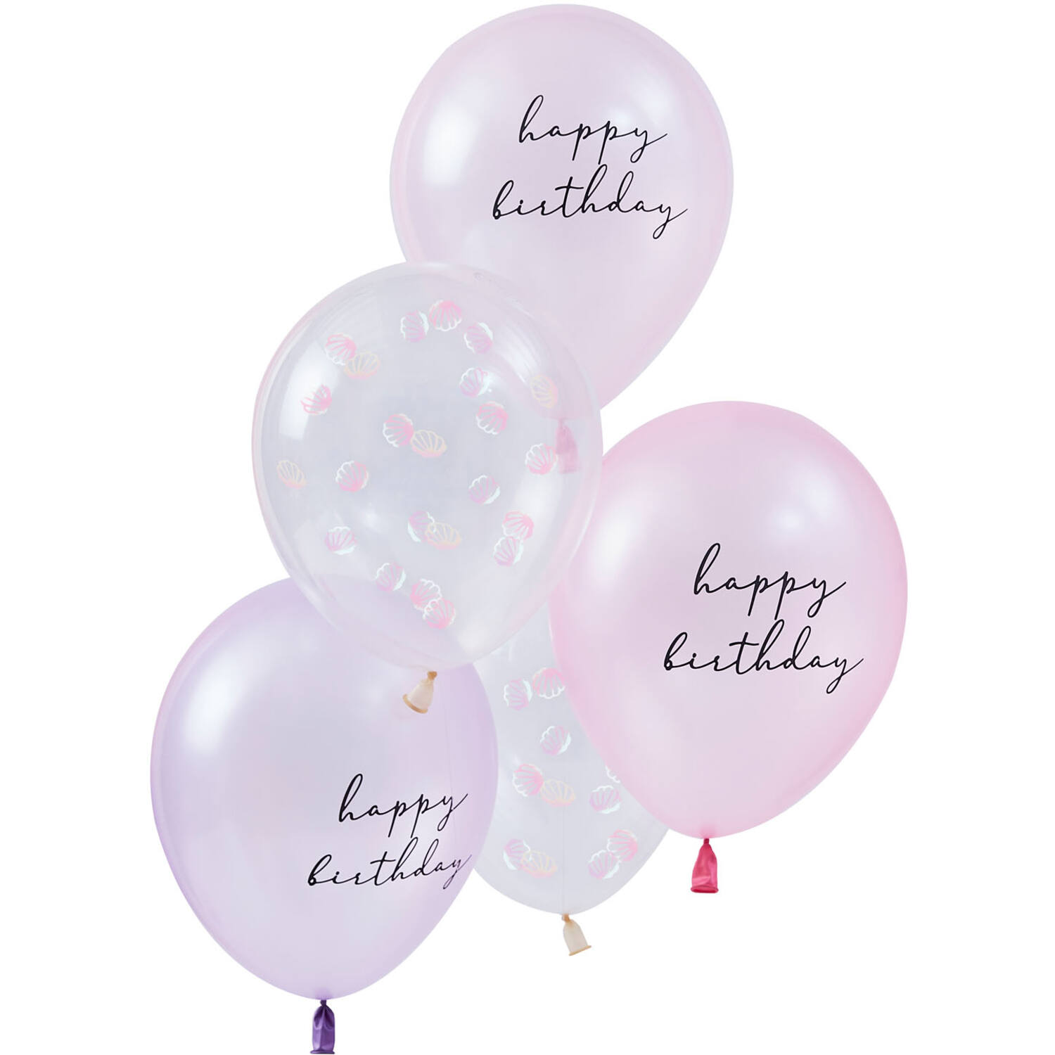 Balloon Bundle - Shell Confetti and Happy Birthday Printed Chrome Balloons with Tails