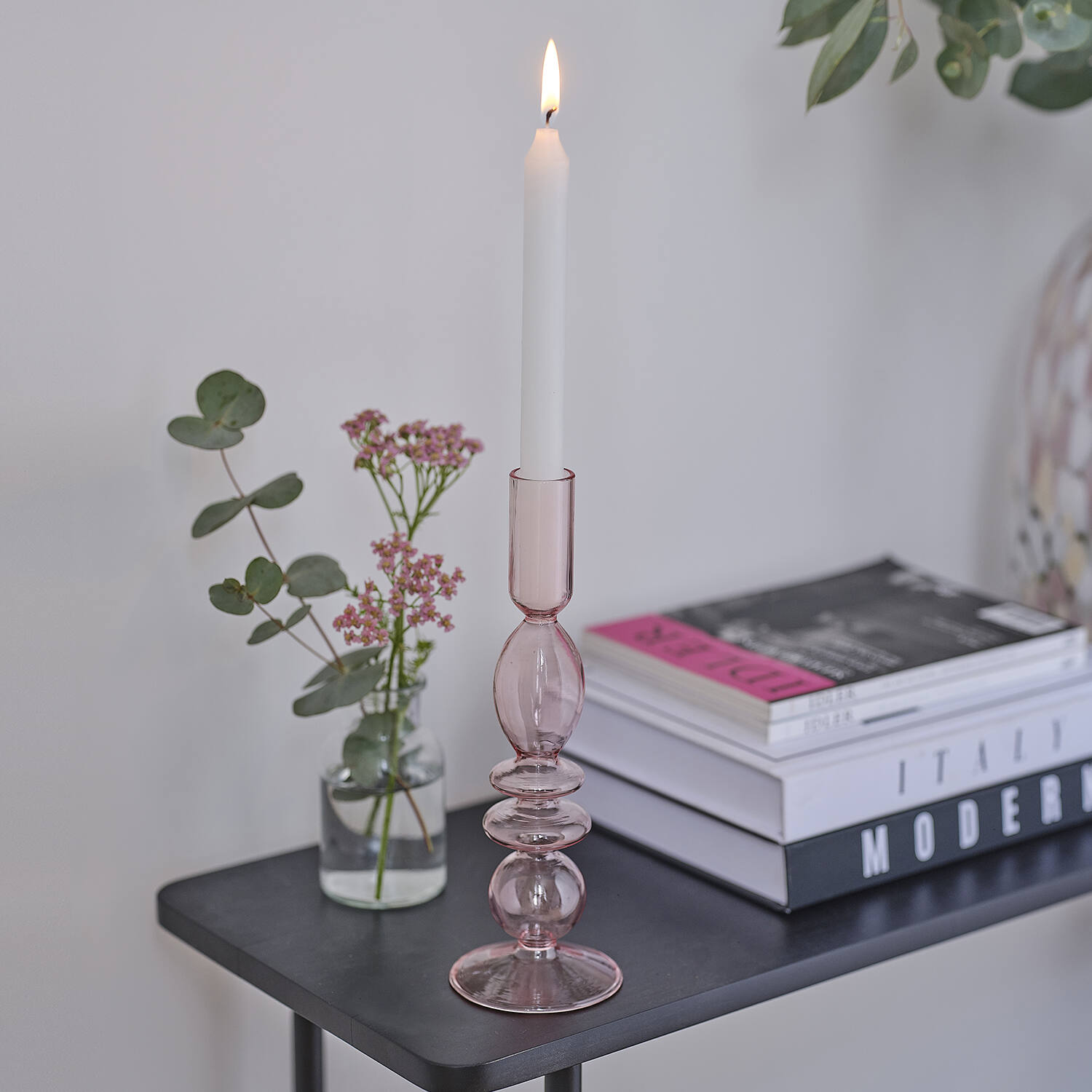 Candle Holder - Pink Glass Small Bubble