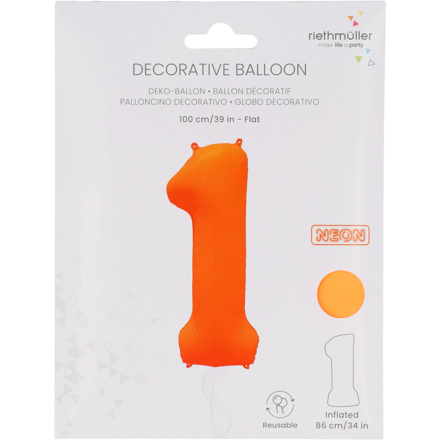 Foil Balloon Number 1 - Neon Orange - 86 cm