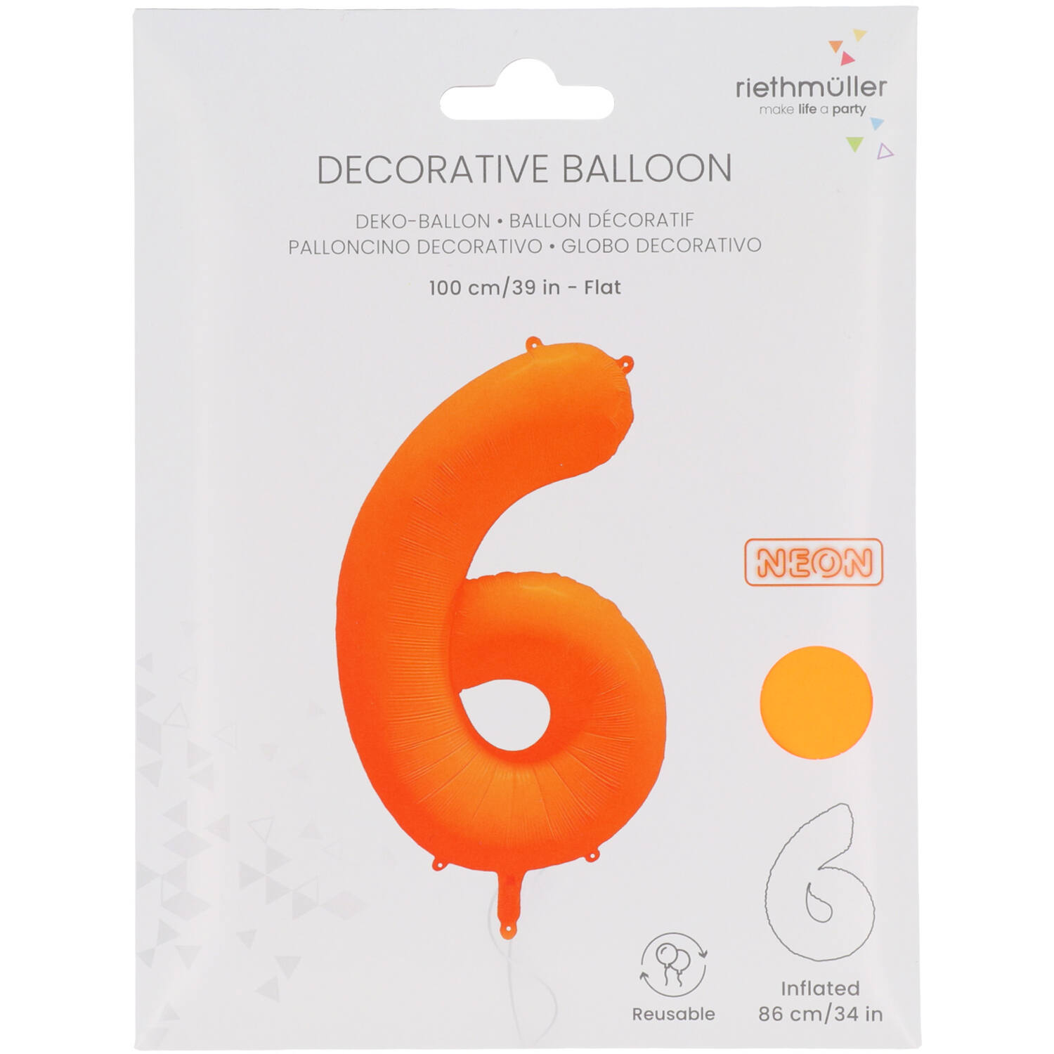 Foil Balloon Number 6 - Neon Orange - 86 cm