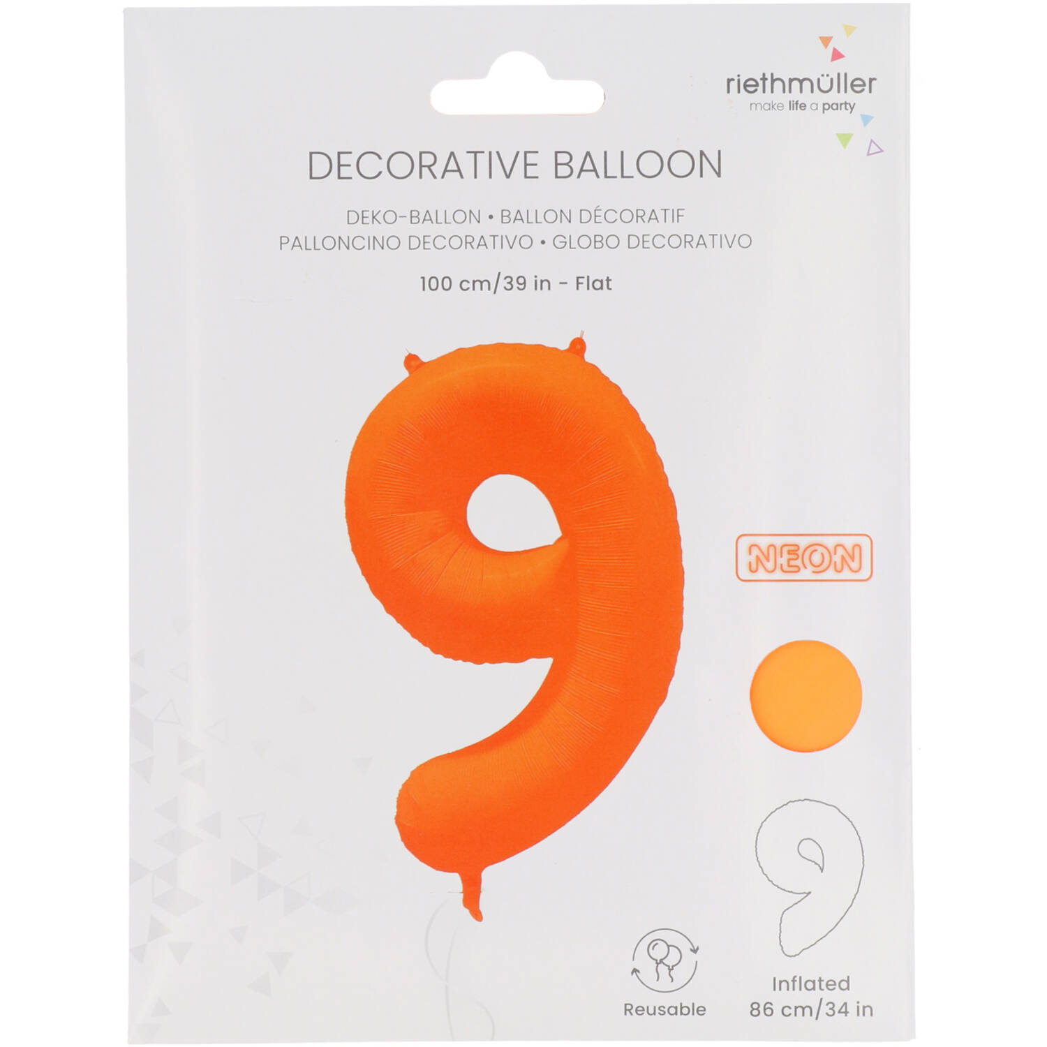 Foil Balloon Number 9 - Neon Orange - 86 cm