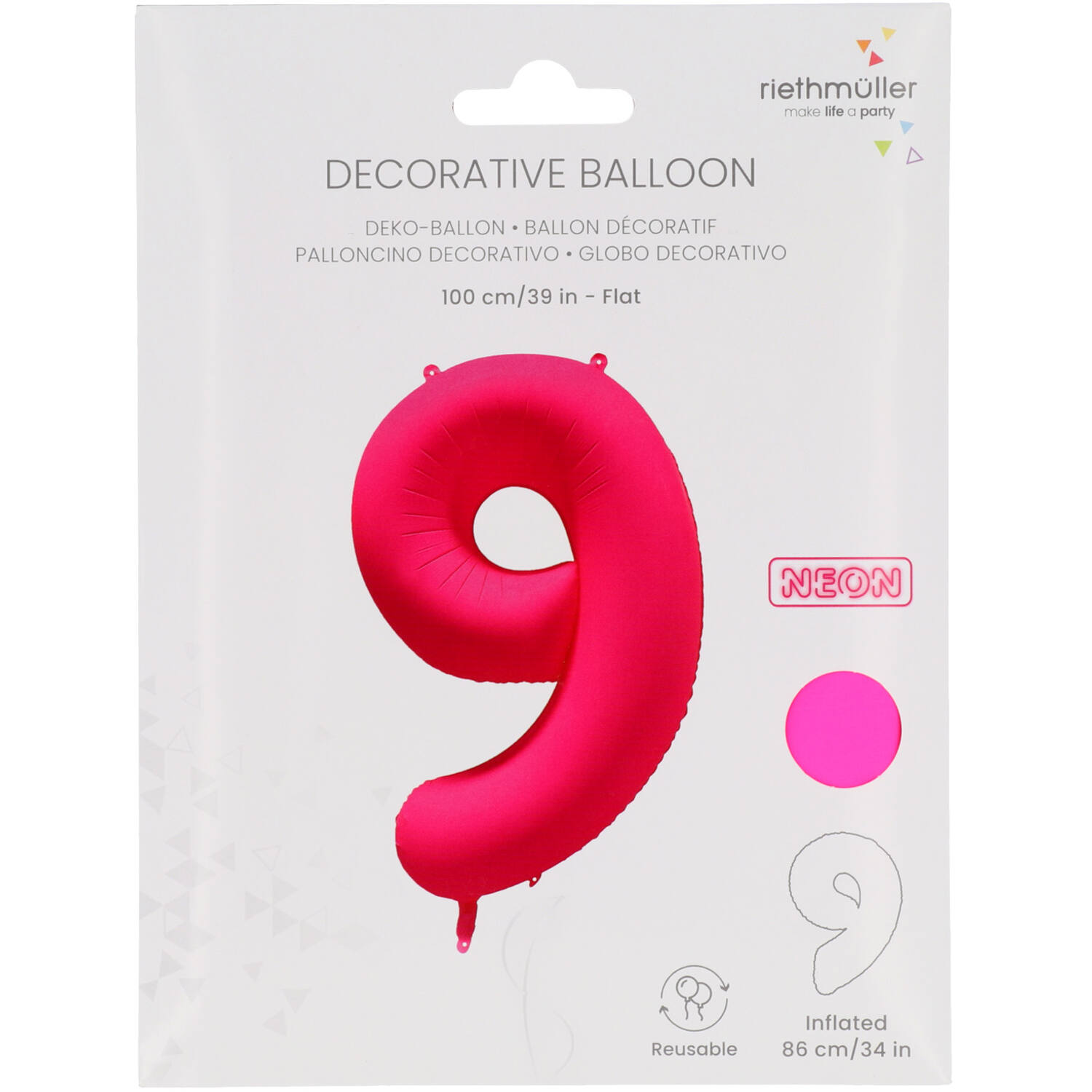Foil Balloon Number 9 - Neon Pink - 86 cm