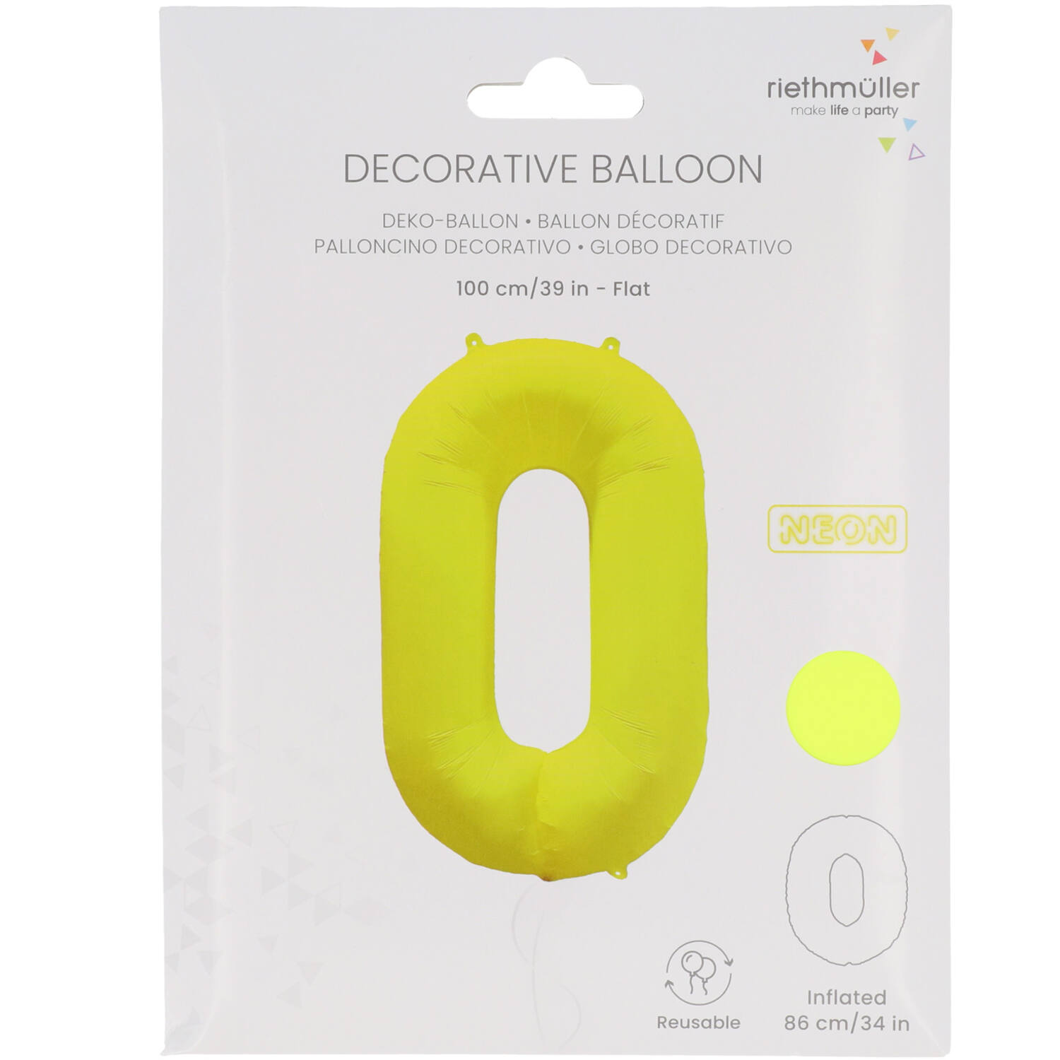 Foil Balloon Number 0 - Neon Yellow - 86 cm