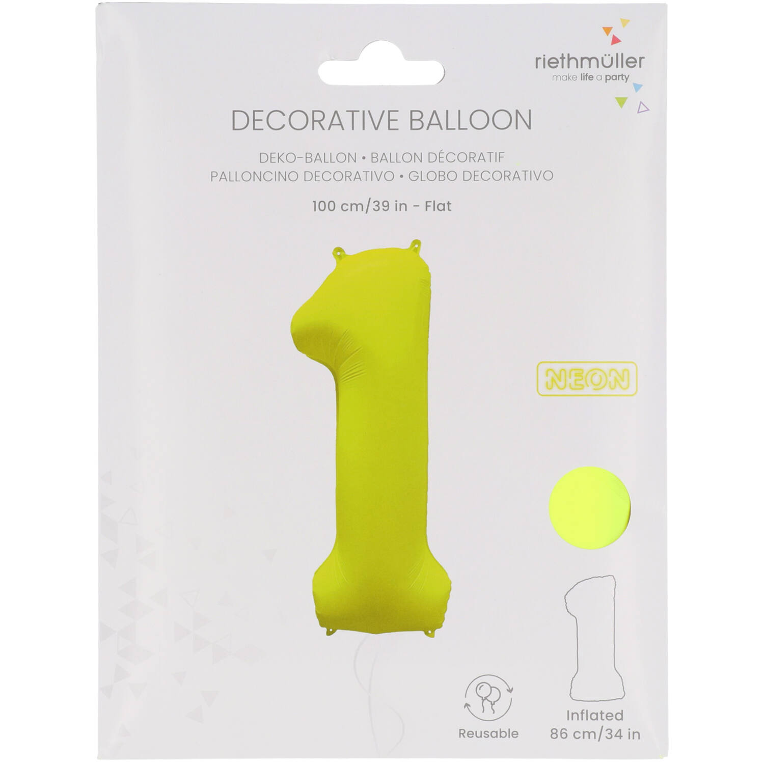 Foil Balloon Number 1 - Neon Yellow - 86 cm