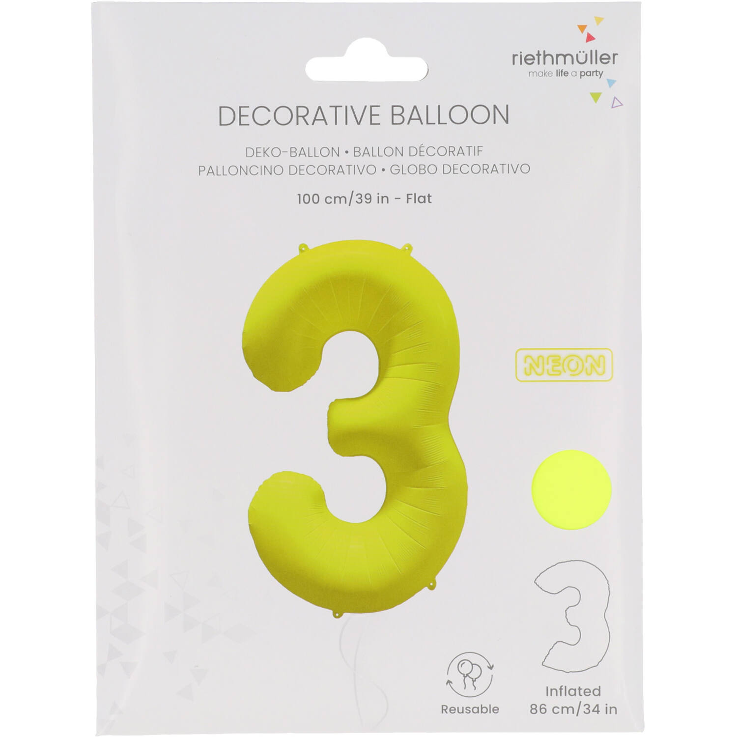 Foil Balloon Number 3 - Neon Yellow - 86 cm