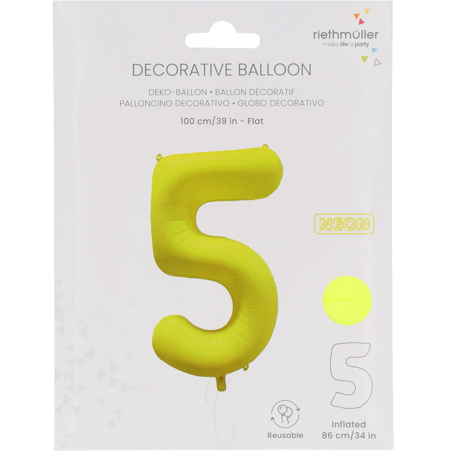 Foil Balloon Number 5 - Neon Yellow - 86 cm