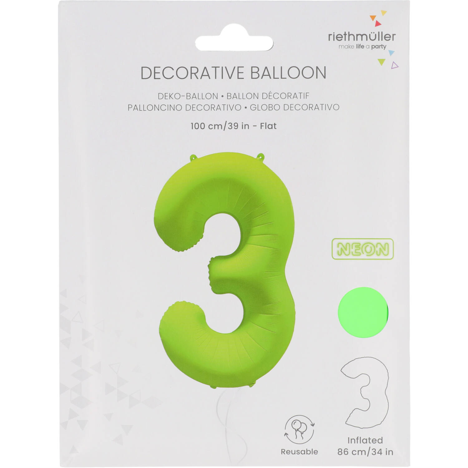 Foil Balloon Number 3 - Neon Green - 86 cm