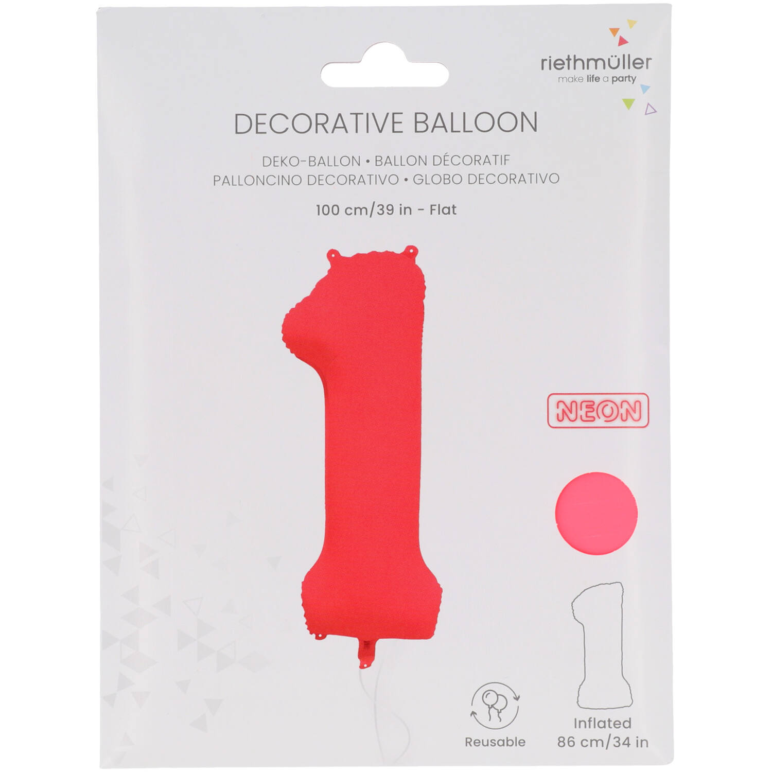 Foil Balloon Number 1 - Neon Red - 86 cm