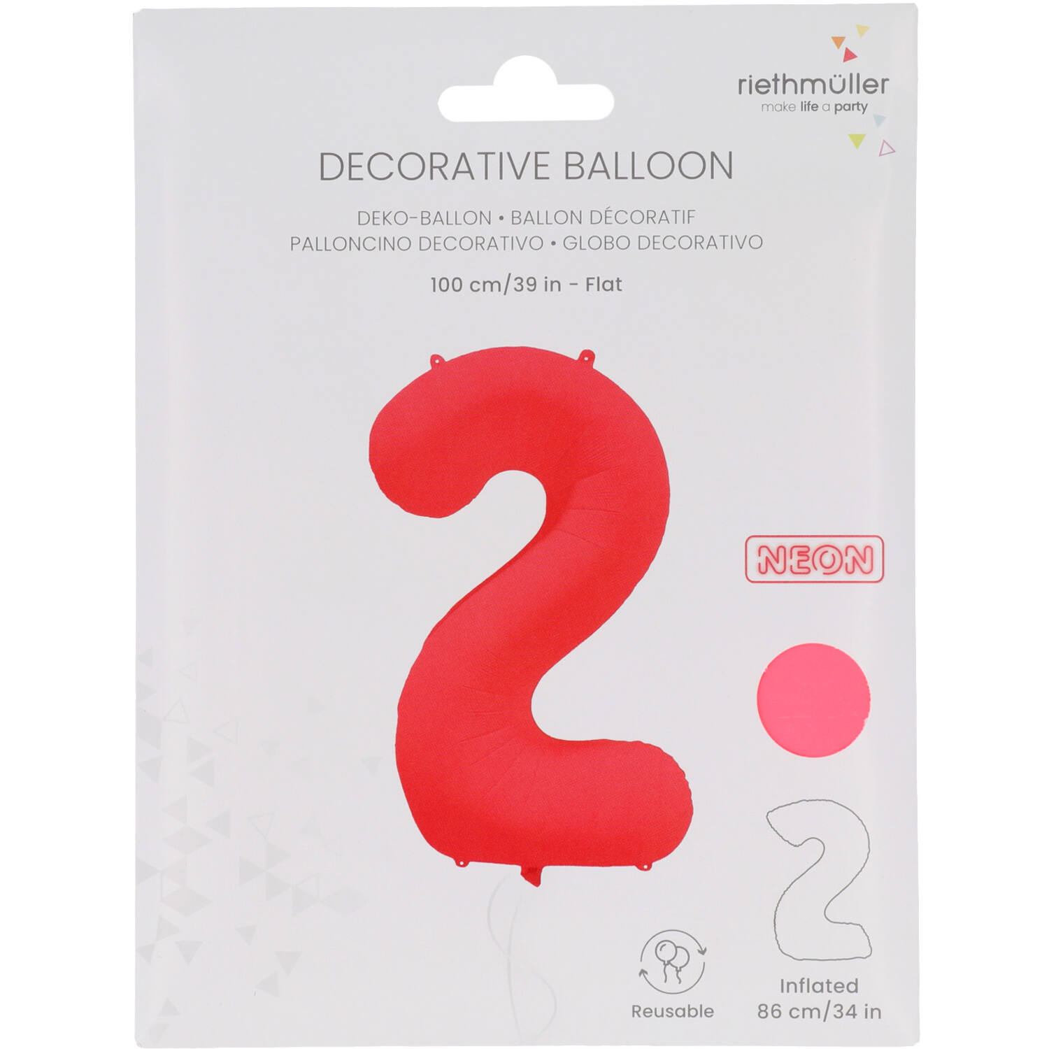 Foil Balloon Number 2 - Neon Red - 86 cm