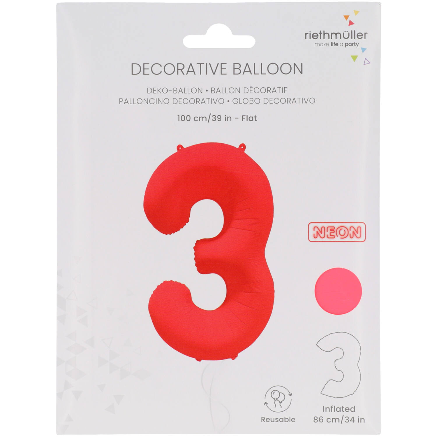 Foil Balloon Number 3 - Neon Red - 86 cm